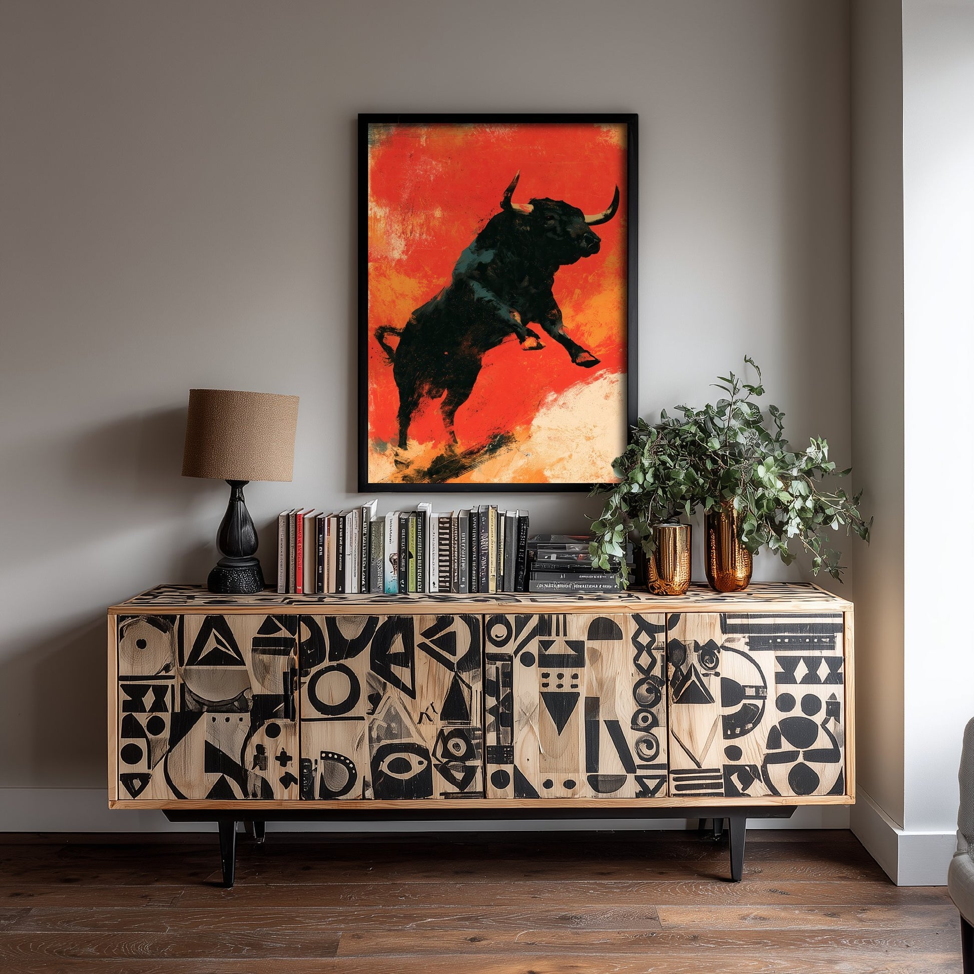 Black Bull Art Print - Charging Bull Poster - Scarlet Screen Print Style Illustration - Red Felt 3/3