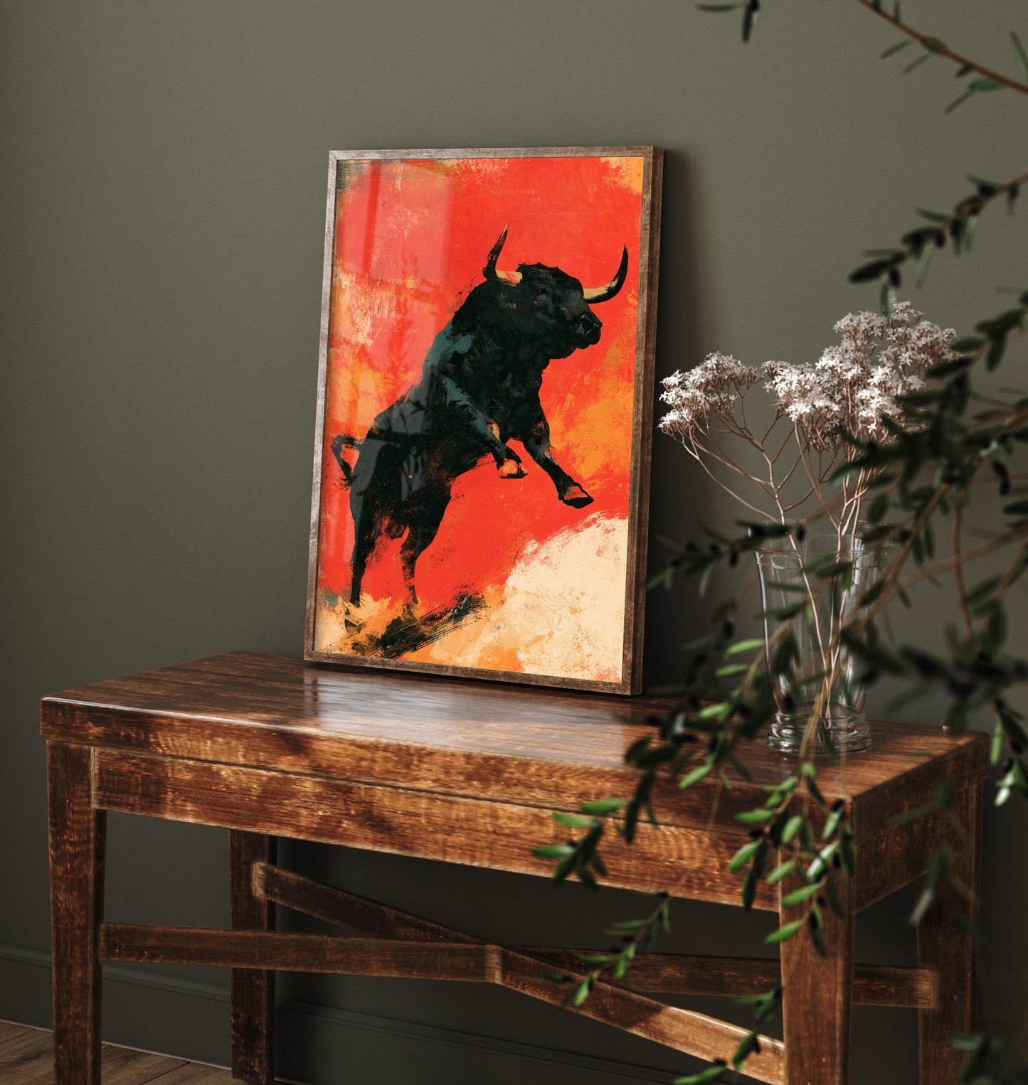 Black Bull Art Print - Charging Bull Poster - Scarlet Screen Print Style Illustration - Red Felt 3/3