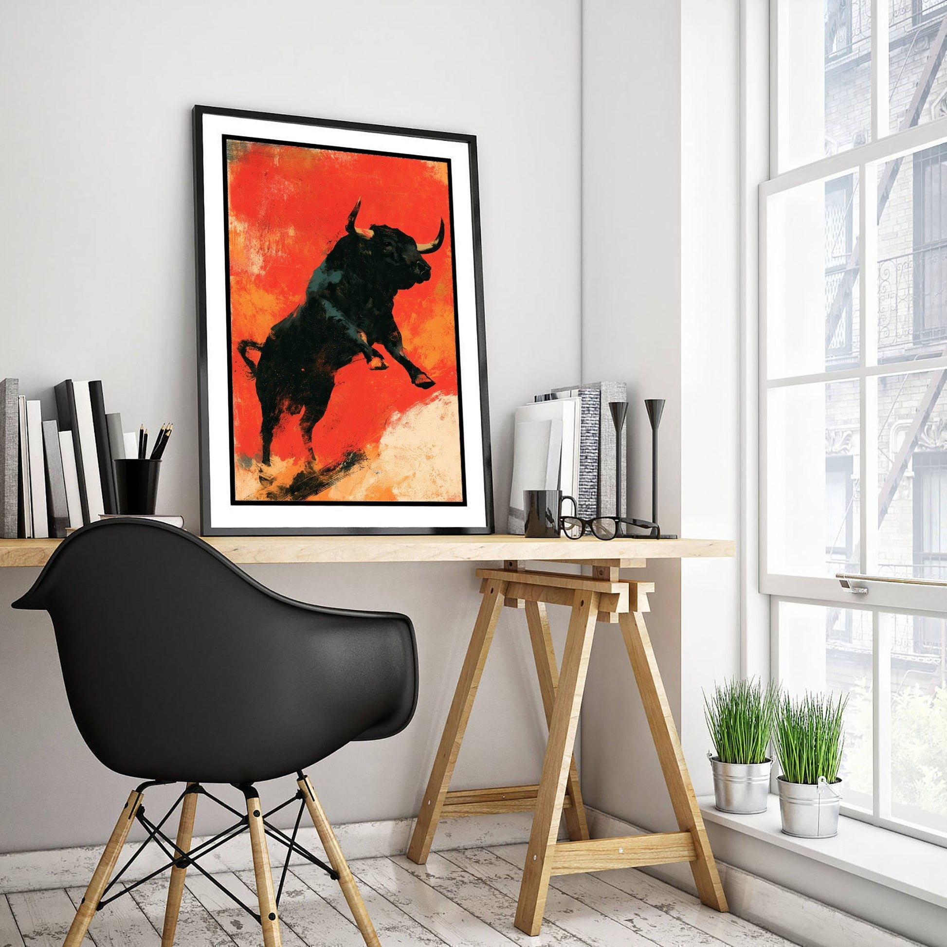 Black Bull Art Print - Charging Bull Poster - Scarlet Screen Print Style Illustration - Red Felt 3/3