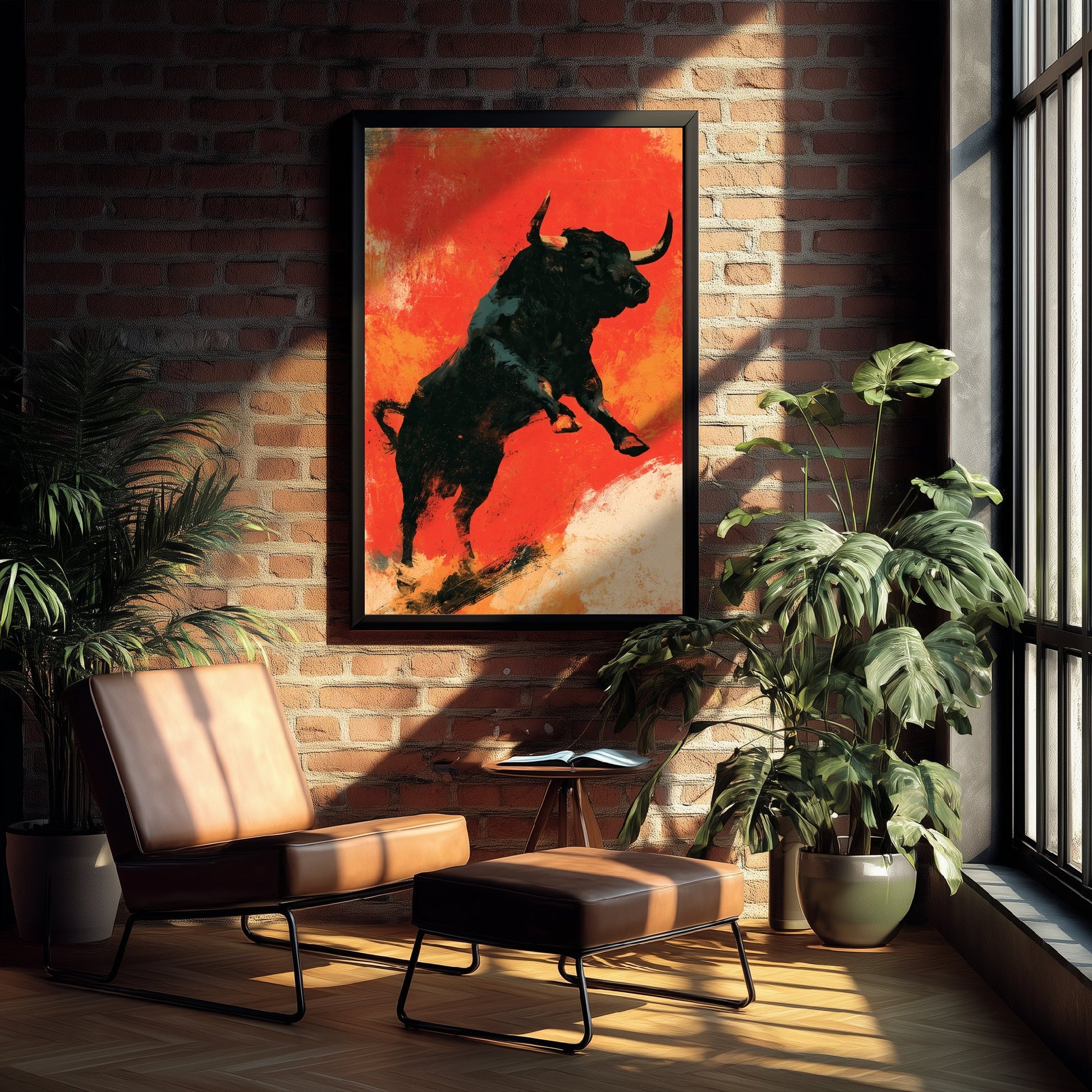 Black Bull Art Print - Charging Bull Poster - Scarlet Screen Print Style Illustration - Red Felt 3/3