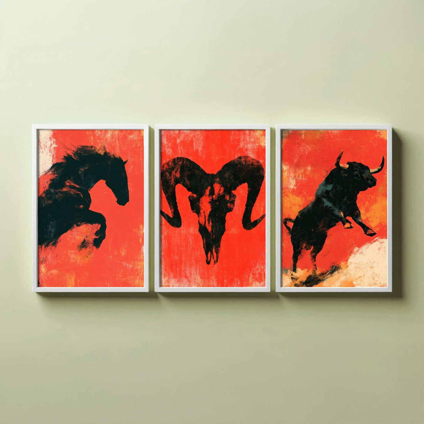 Red Felt Animals Set of Three Art Prints - Rearing Horse, Ram Skull, Charging Bull - Bold Scarlet Posters - Western Illustration