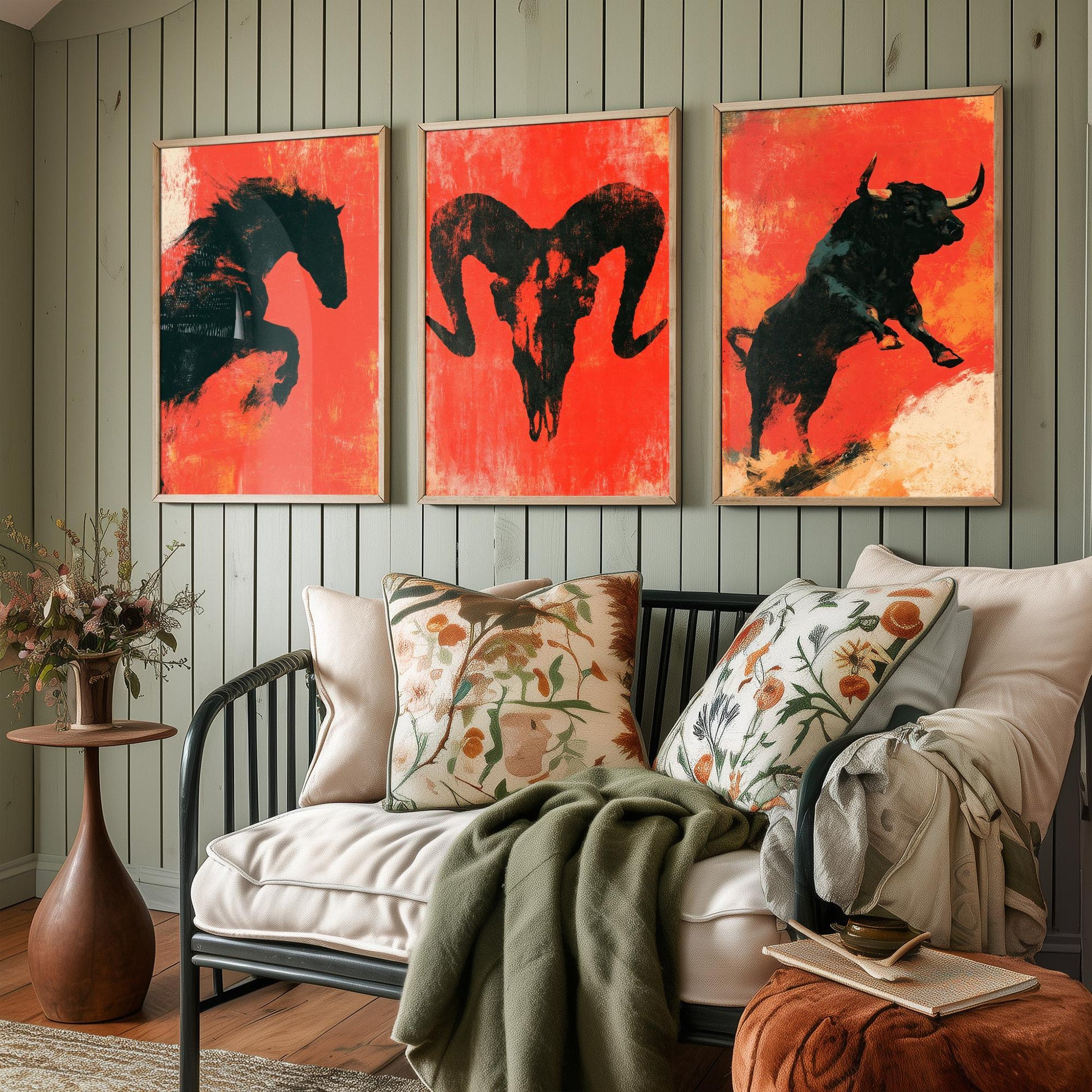 Red Felt Animals Set of Three Art Prints - Rearing Horse, Ram Skull, Charging Bull - Bold Scarlet Posters - Western Illustration