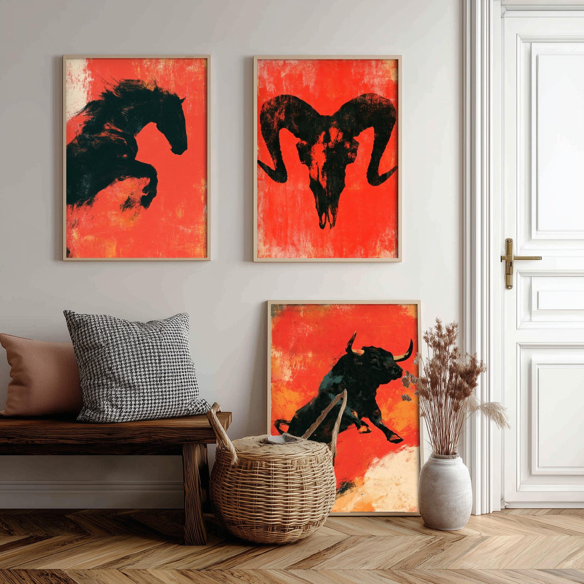 Red Felt Animals Set of Three Art Prints - Rearing Horse, Ram Skull, Charging Bull - Bold Scarlet Posters - Western Illustration