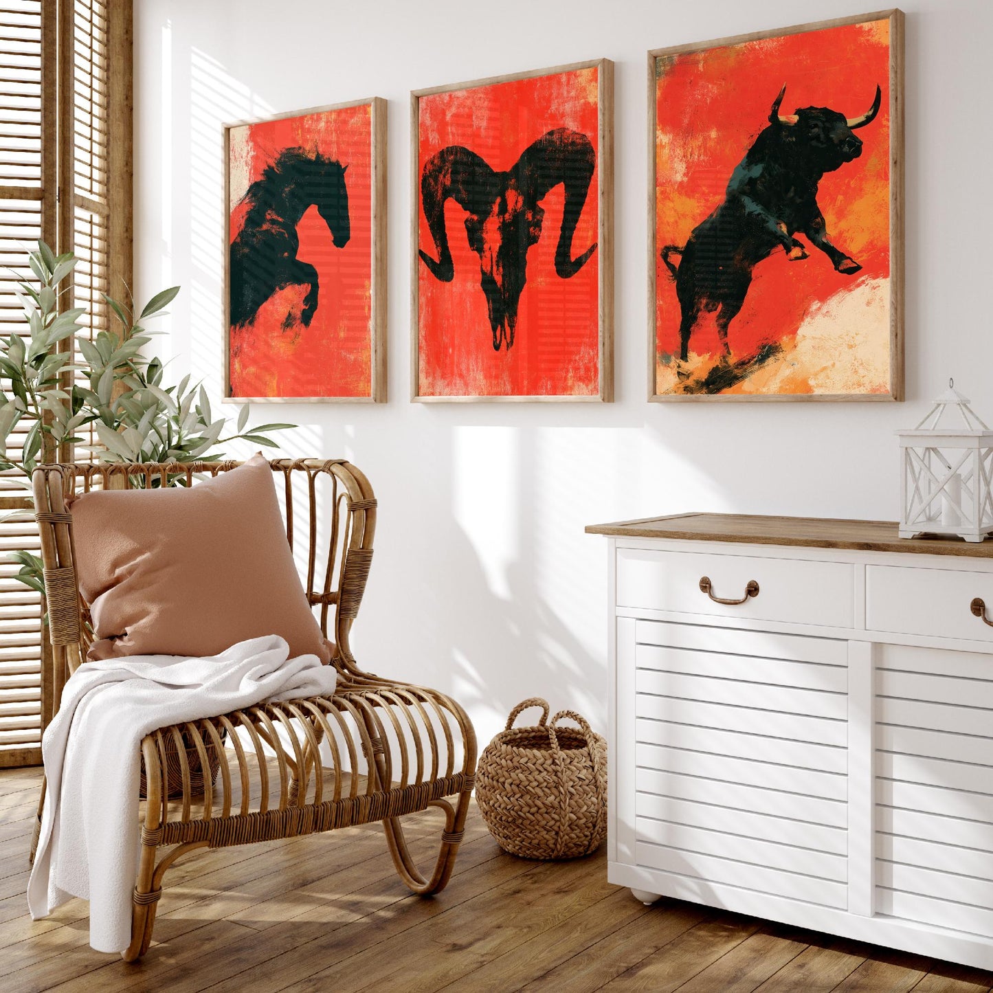 Red Felt Animals Set of Three Art Prints - Rearing Horse, Ram Skull, Charging Bull - Bold Scarlet Posters - Western Illustration