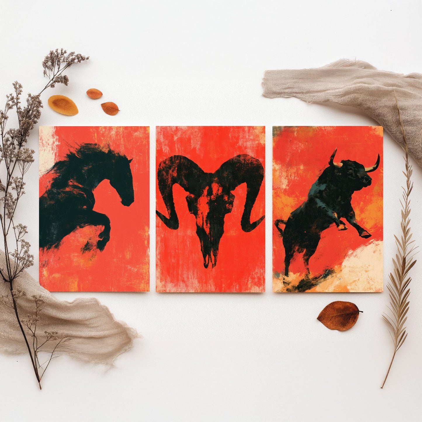 Red Felt Animals Set of Three Art Prints - Rearing Horse, Ram Skull, Charging Bull - Bold Scarlet Posters - Western Illustration