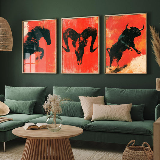 Red Felt Animals Set of Three Art Prints - Rearing Horse, Ram Skull, Charging Bull - Bold Scarlet Posters - Western Illustration