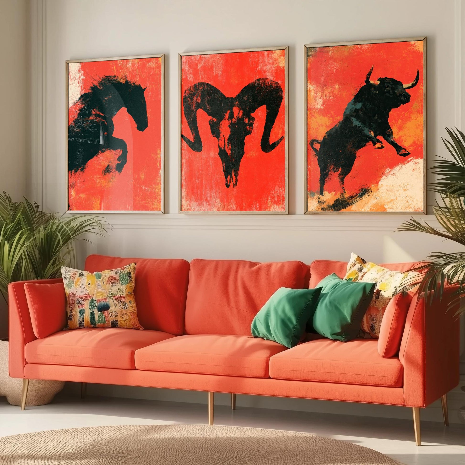 Red Felt Animals Set of Three Art Prints - Rearing Horse, Ram Skull, Charging Bull - Bold Scarlet Posters - Western Illustration