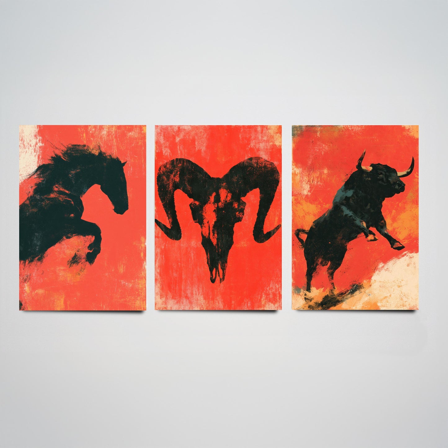 Red Felt Animals Set of Three Art Prints - Rearing Horse, Ram Skull, Charging Bull - Bold Scarlet Posters - Western Illustration