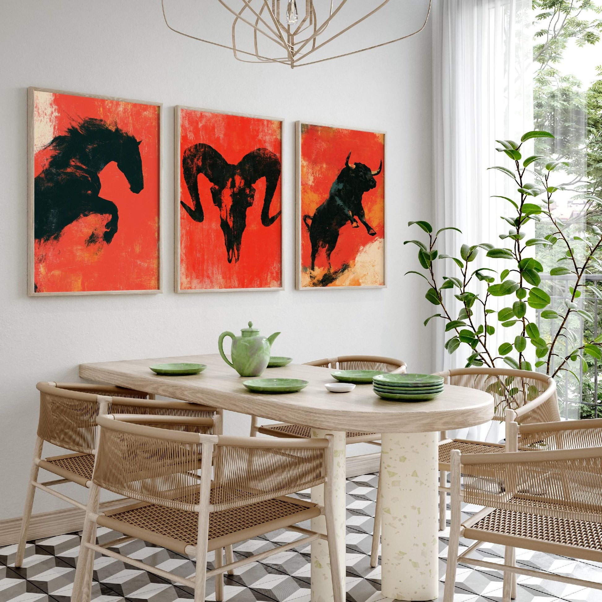 Red Felt Animals Set of Three Art Prints - Rearing Horse, Ram Skull, Charging Bull - Bold Scarlet Posters - Western Illustration