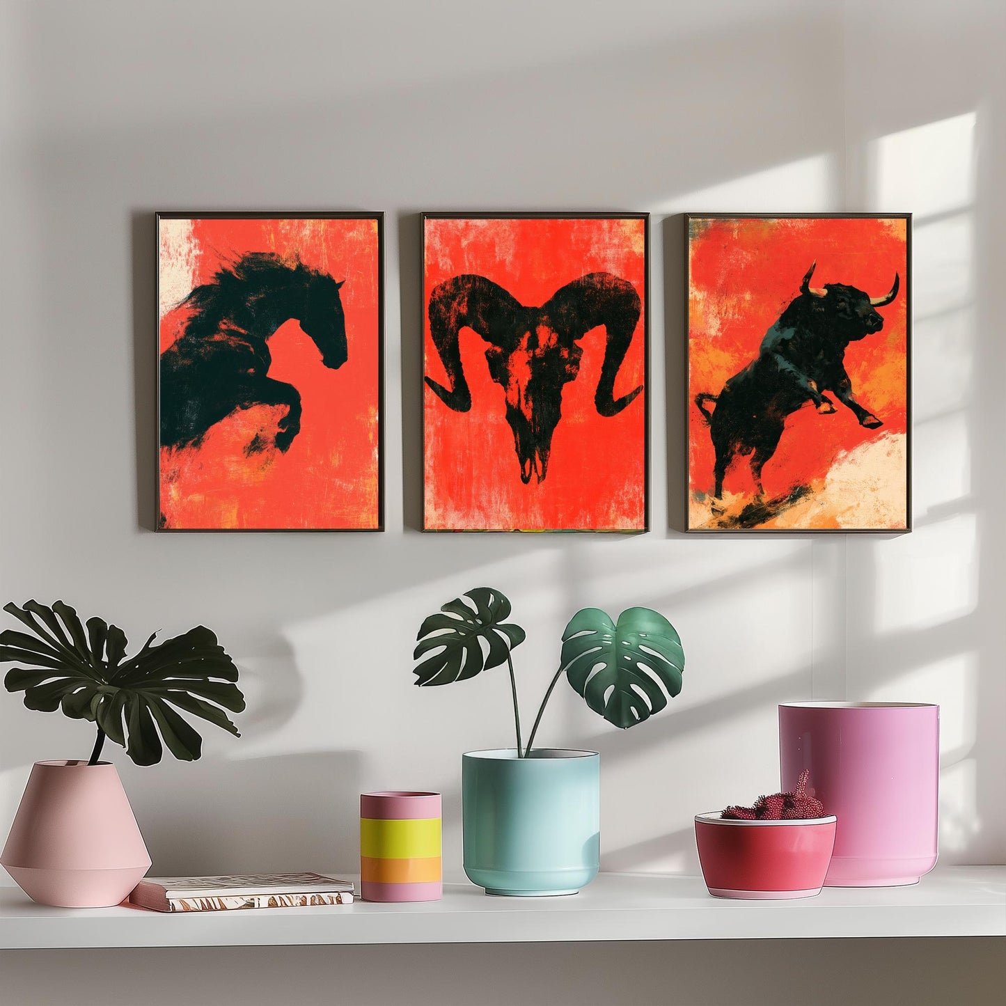 Red Felt Animals Set of Three Art Prints - Rearing Horse, Ram Skull, Charging Bull - Bold Scarlet Posters - Western Illustration