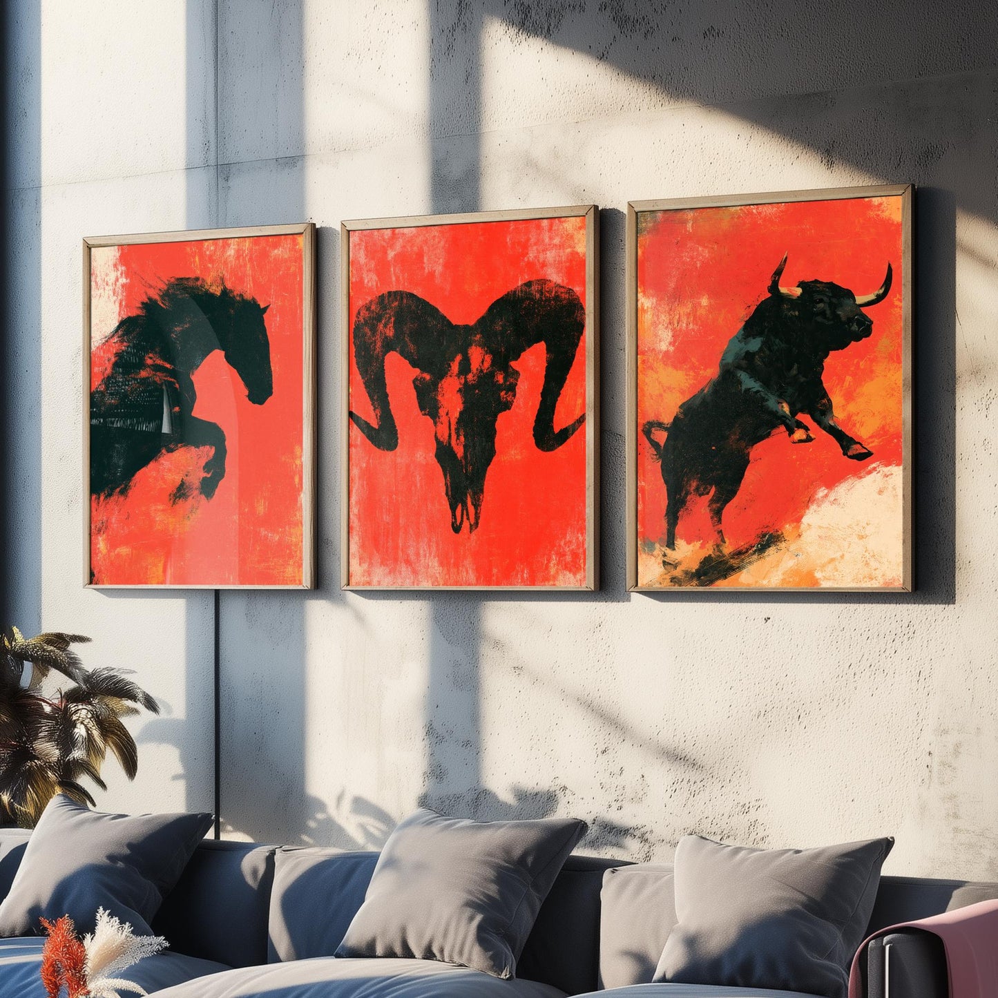 Red Felt Animals Set of Three Art Prints - Rearing Horse, Ram Skull, Charging Bull - Bold Scarlet Posters - Western Illustration