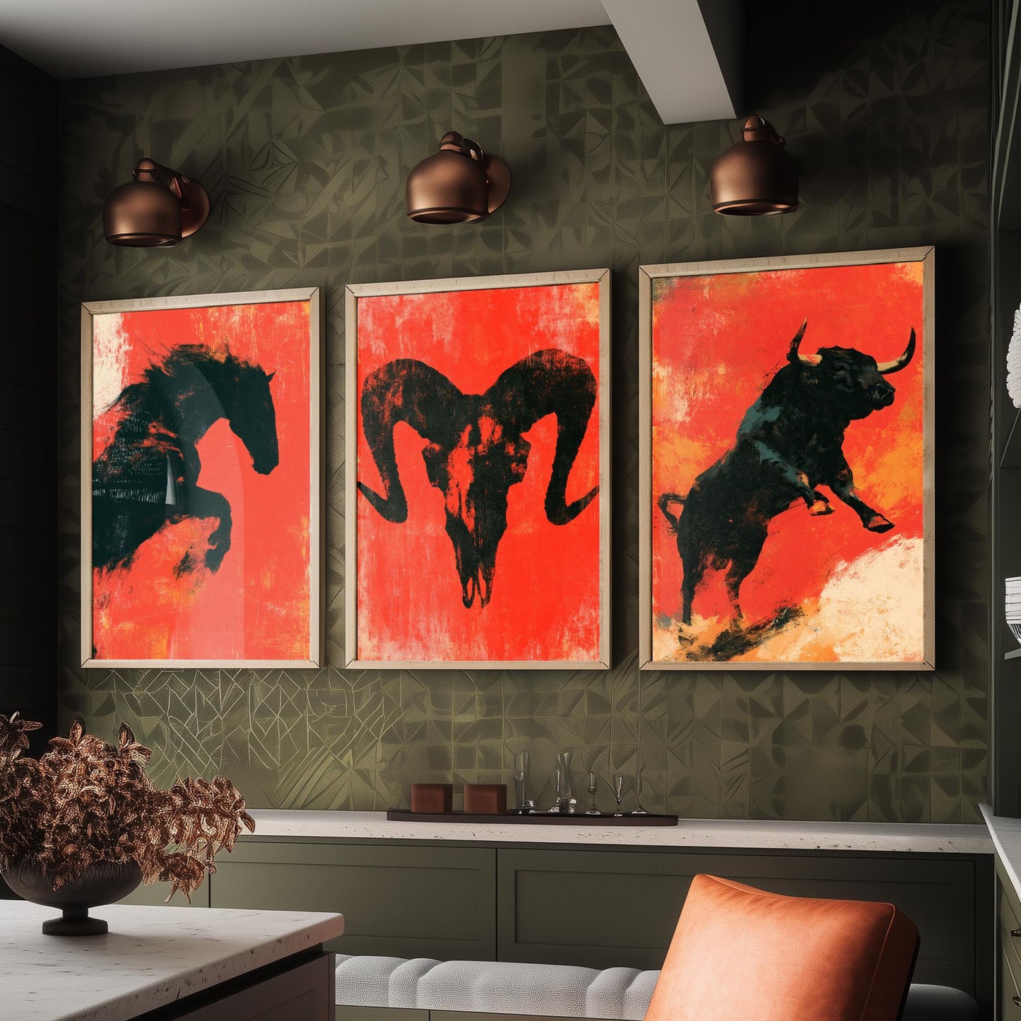 Red Felt Animals Set of Three Art Prints - Rearing Horse, Ram Skull, Charging Bull - Bold Scarlet Posters - Western Illustration