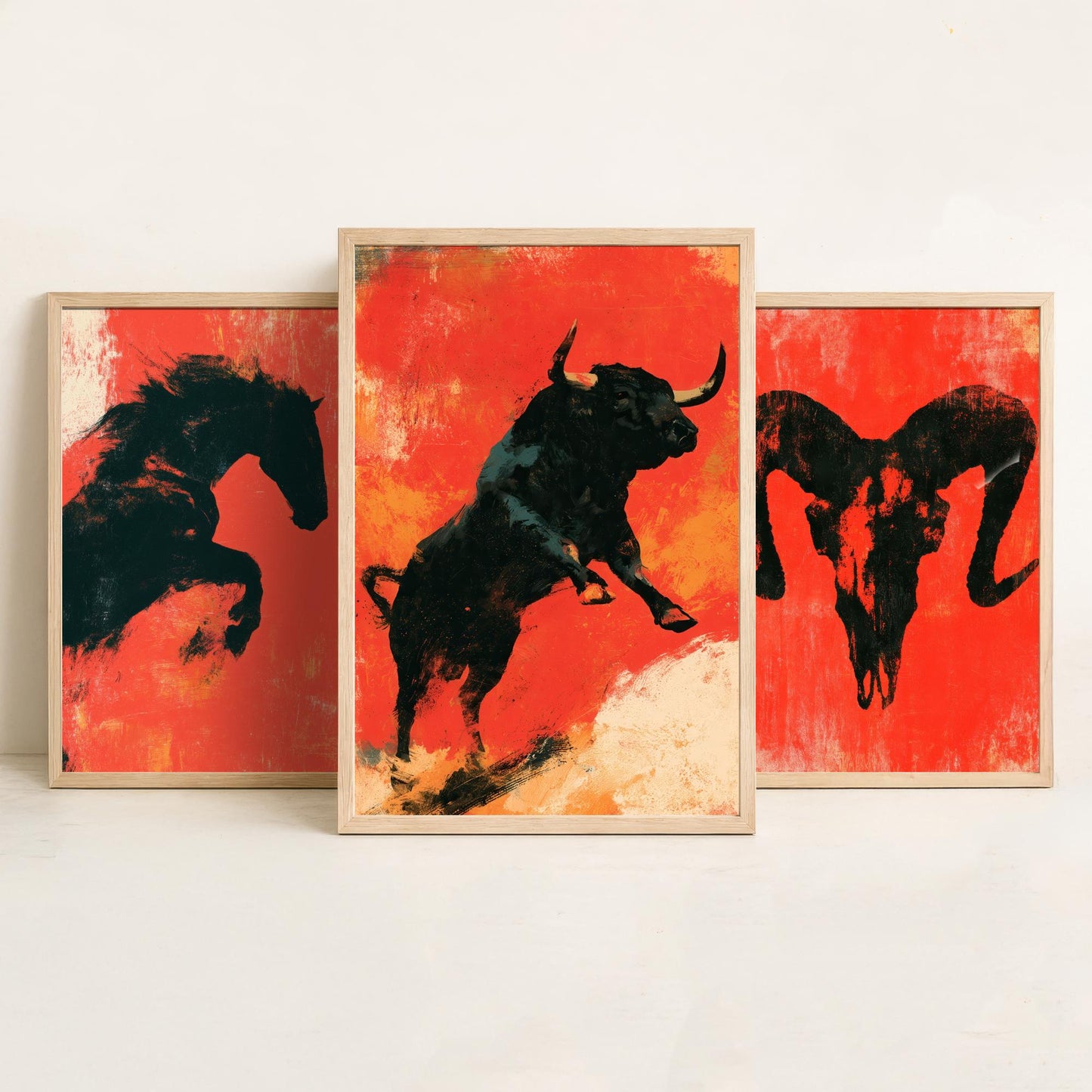 Red Felt Animals Set of Three Art Prints - Rearing Horse, Ram Skull, Charging Bull - Bold Scarlet Posters - Western Illustration