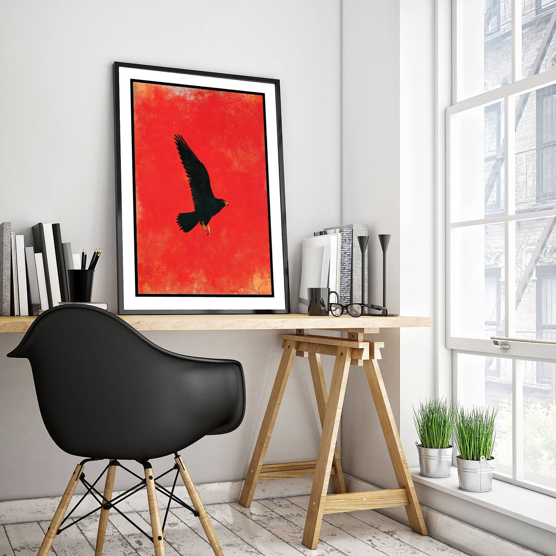 Peregrine Falcon Art Print - Bird of Prey Poster - Scarlet Screen Print Style Illustration - Red Felt 1/3