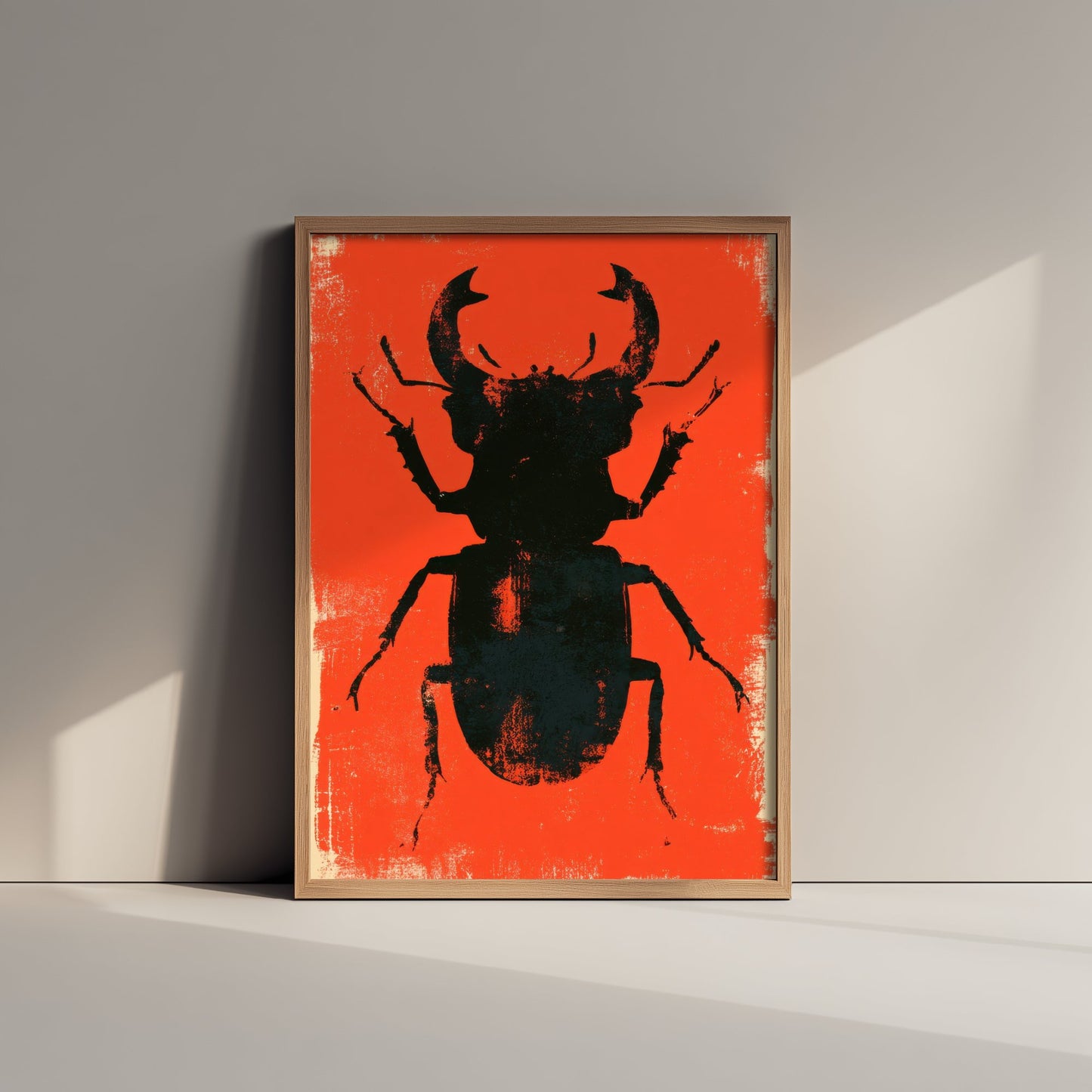 Stag Beetle Art Print - Giant Insect Poster - Scarlet Screen Print Style Illustration - Red Felt 2/3