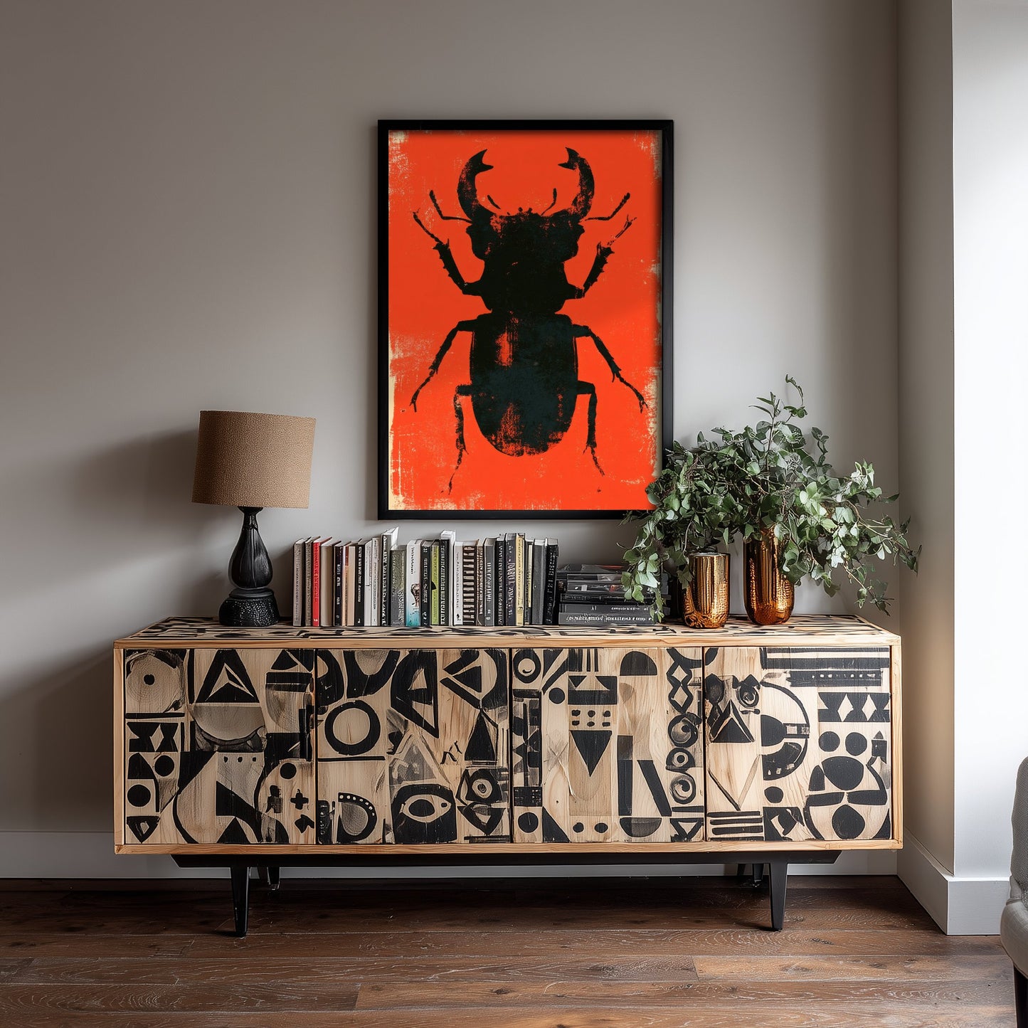 Stag Beetle Art Print - Giant Insect Poster - Scarlet Screen Print Style Illustration - Red Felt 2/3