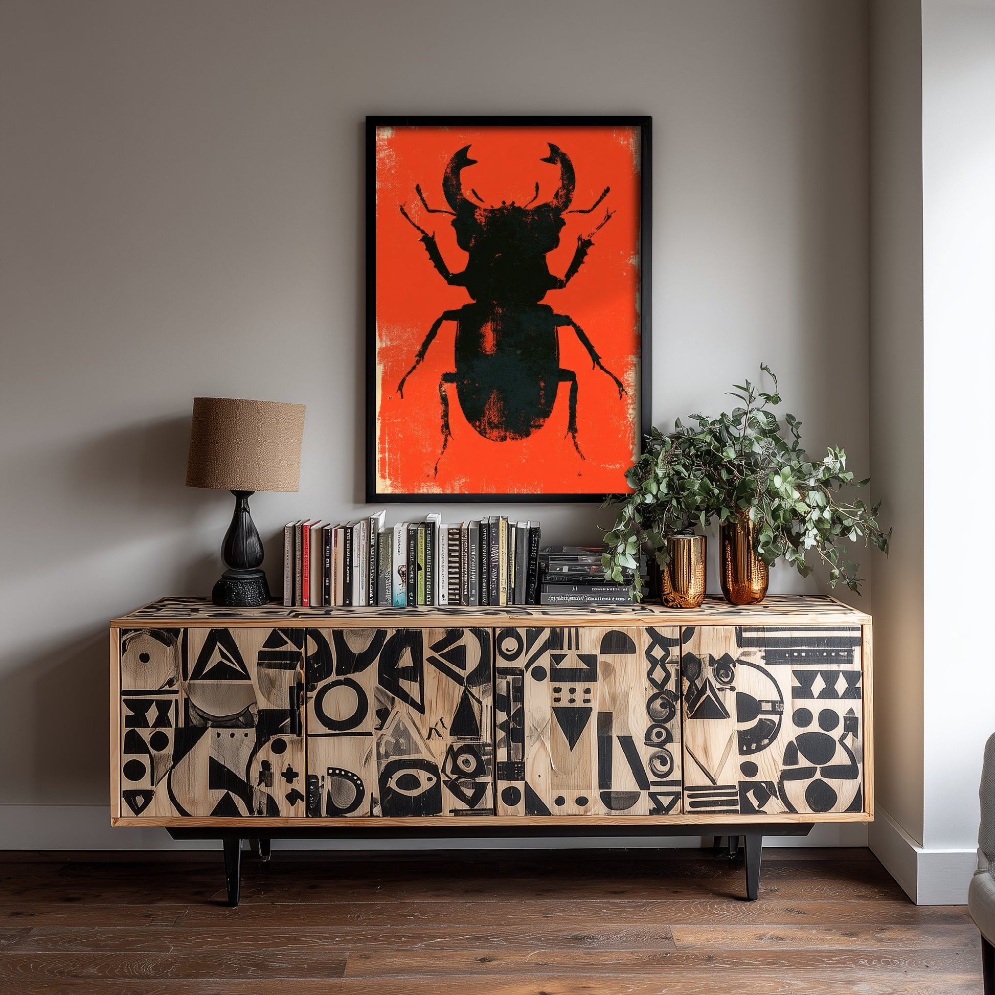 Stag Beetle Art Print - Giant Insect Poster - Scarlet Screen Print Style Illustration - Red Felt 2/3
