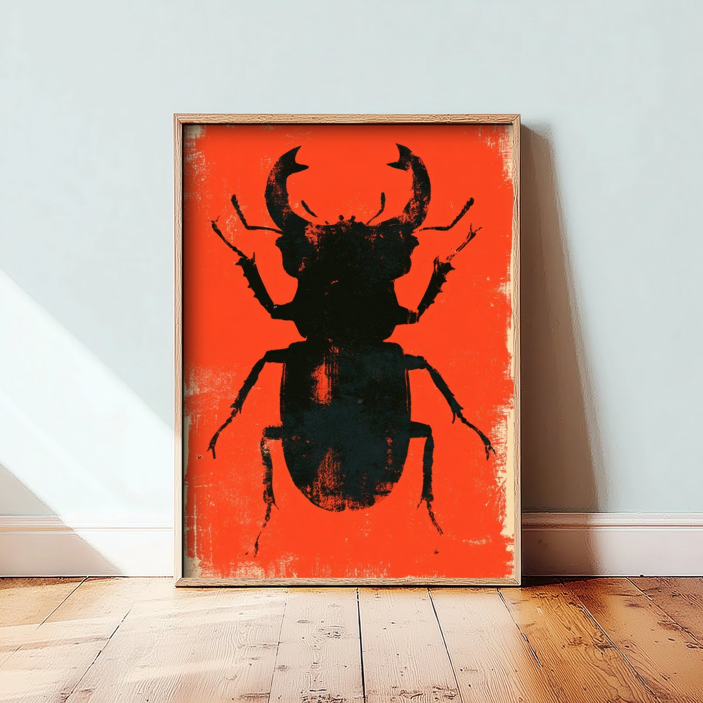 Stag Beetle Art Print - Giant Insect Poster - Scarlet Screen Print Style Illustration - Red Felt 2/3