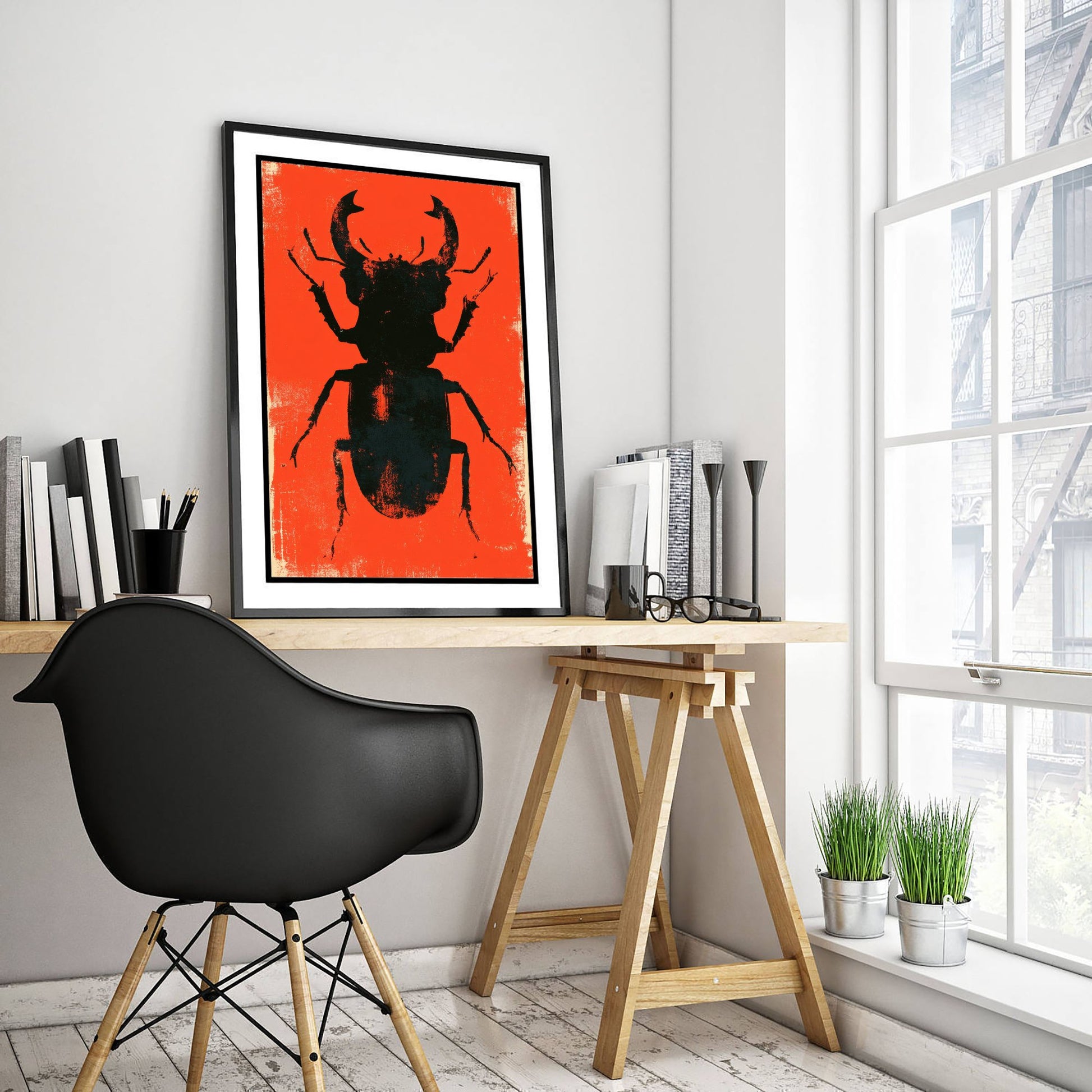 Stag Beetle Art Print - Giant Insect Poster - Scarlet Screen Print Style Illustration - Red Felt 2/3