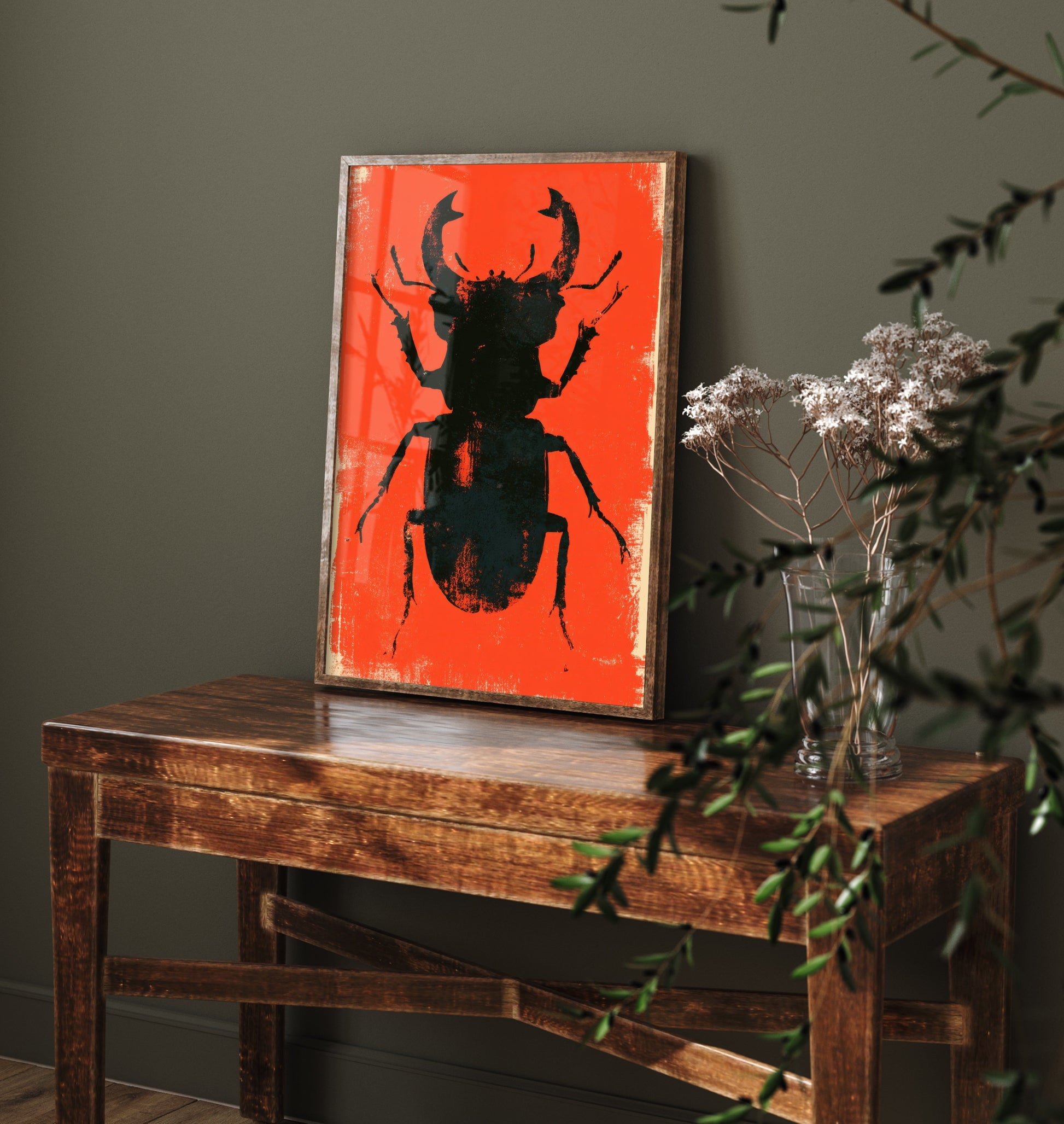 Stag Beetle Art Print - Giant Insect Poster - Scarlet Screen Print Style Illustration - Red Felt 2/3