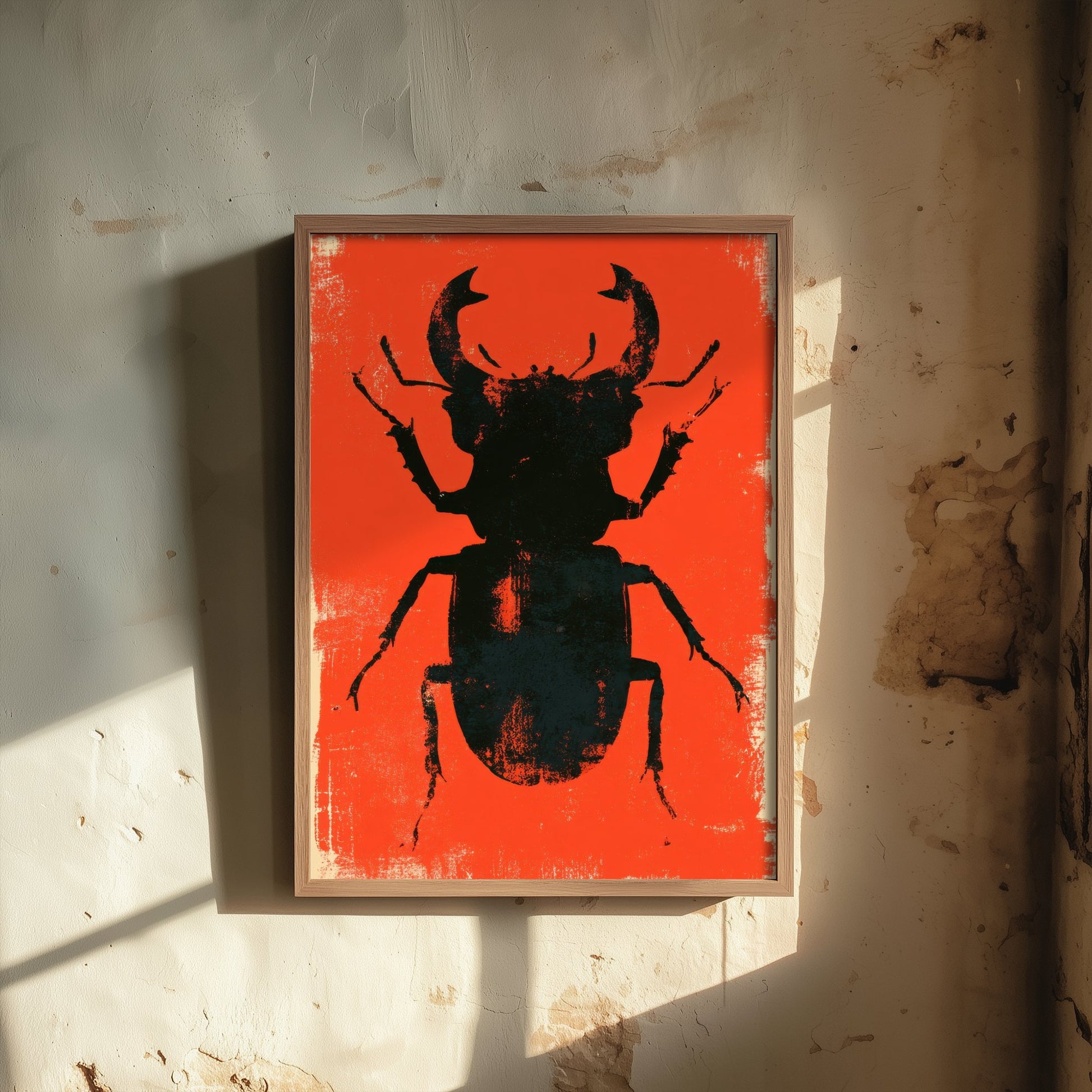 Stag Beetle Art Print - Giant Insect Poster - Scarlet Screen Print Style Illustration - Red Felt 2/3