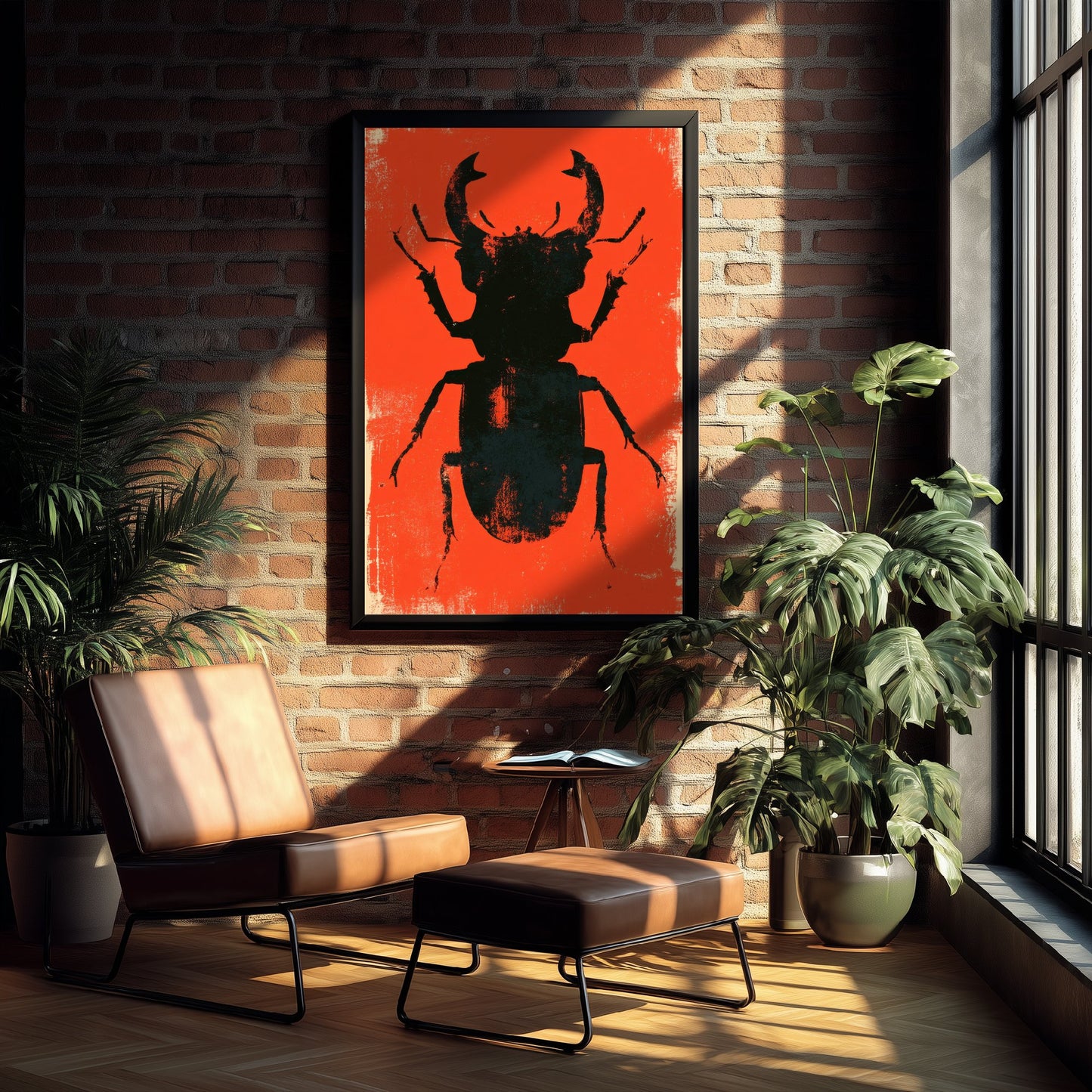 Stag Beetle Art Print - Giant Insect Poster - Scarlet Screen Print Style Illustration - Red Felt 2/3