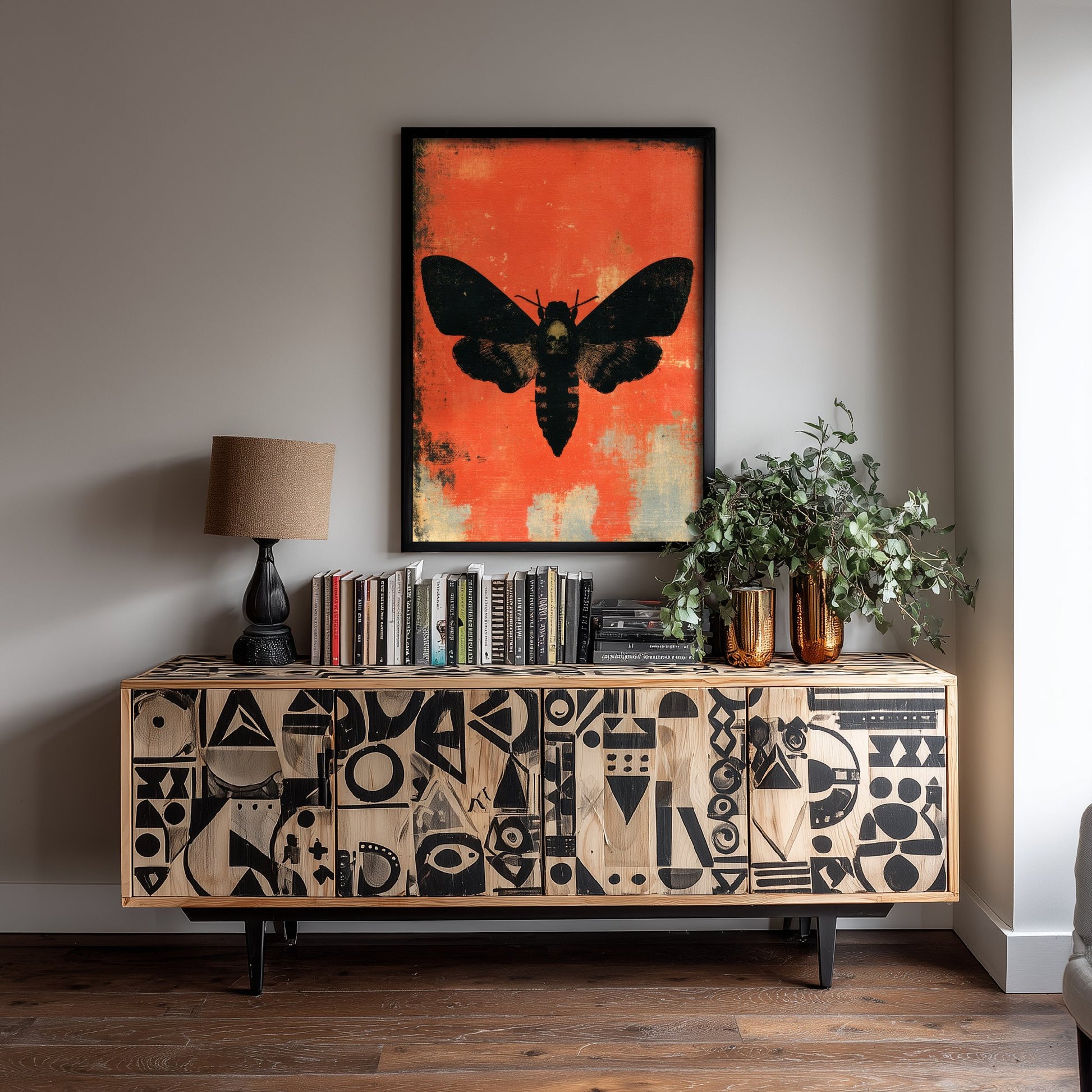 Death's Head Hawkmoth Art Print - Gothic Moth Poster - Scarlet Screen Print Style Illustration - Red Felt 3/3