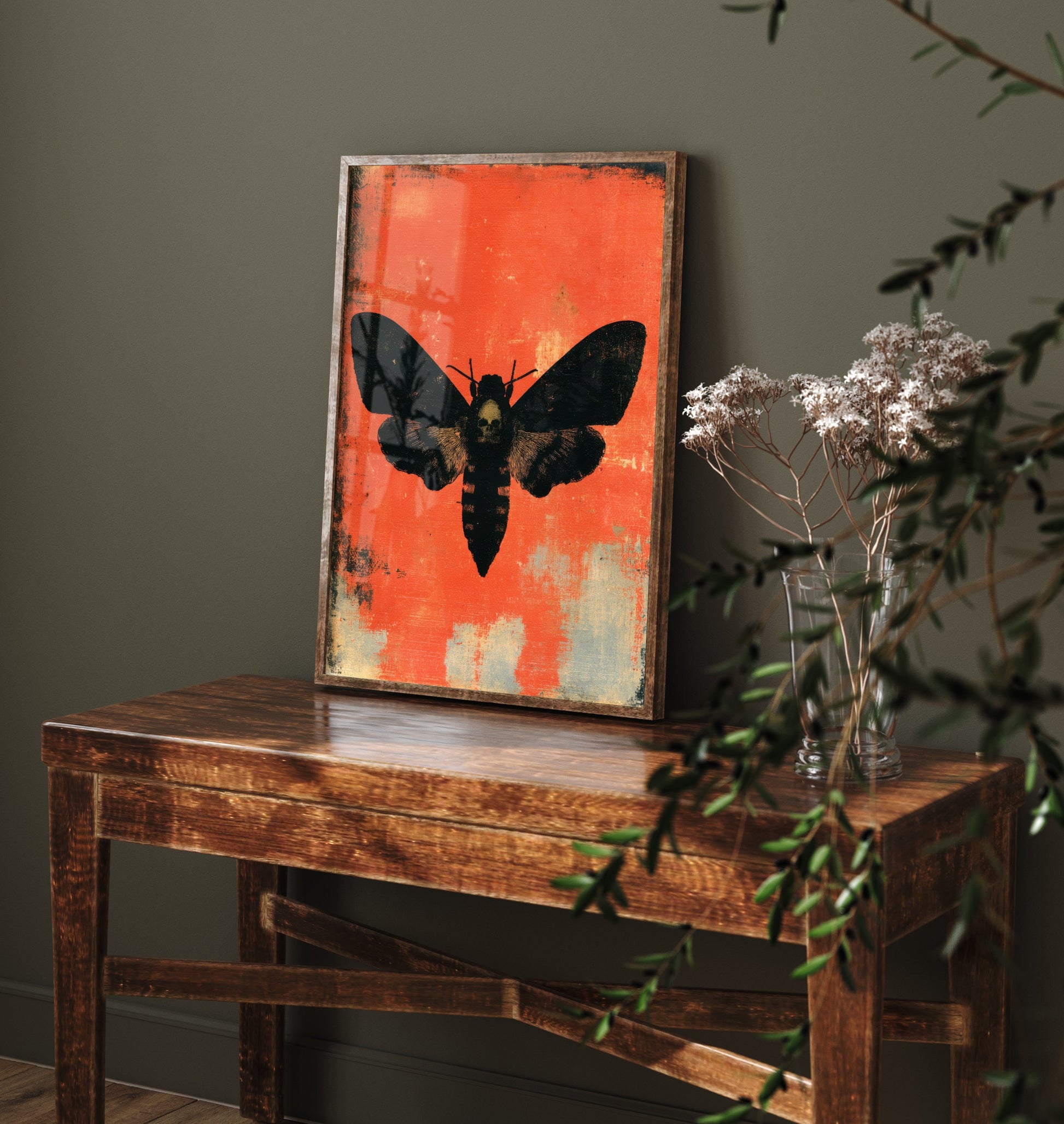 Death's Head Hawkmoth Art Print - Gothic Moth Poster - Scarlet Screen Print Style Illustration - Red Felt 3/3