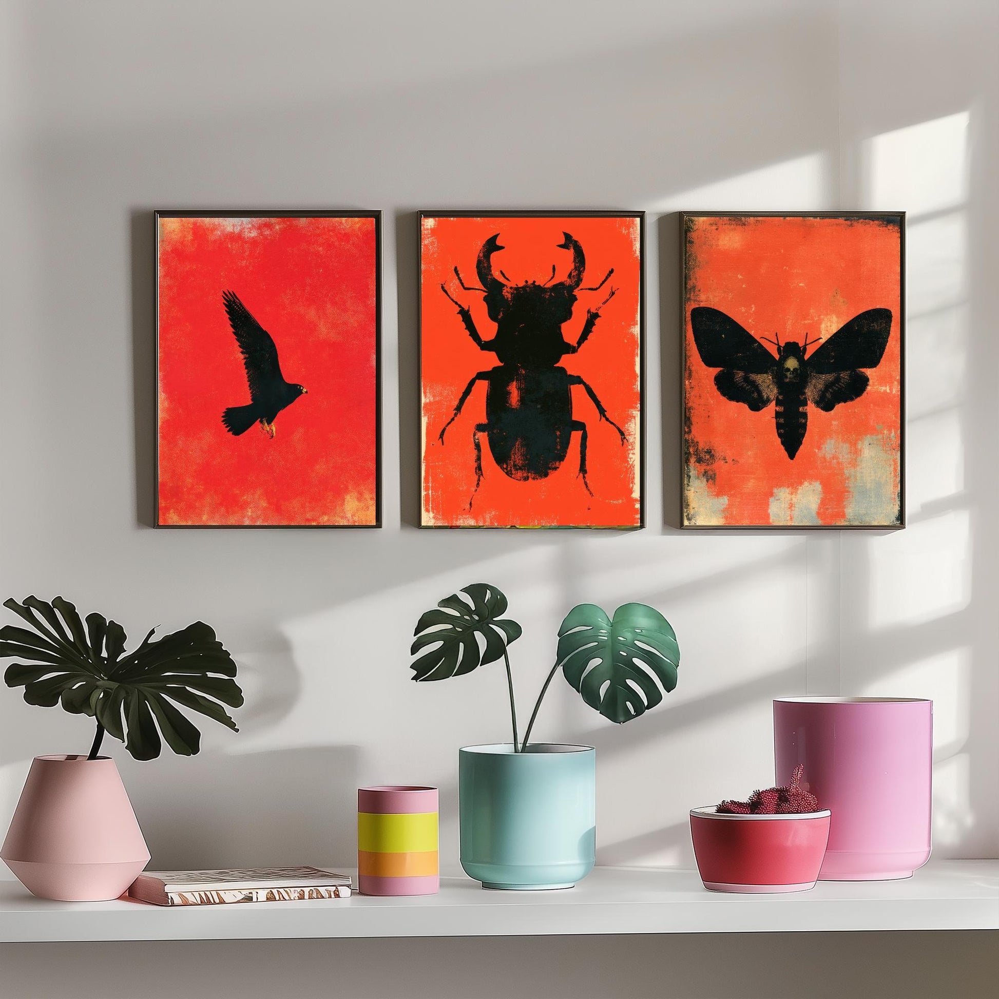 Red Felt Set of Three Art Prints - Peregrine Falcon, Stag Beetle, Death's Head Hawkmoth - Bold Red and Black Posters - Gothic Illustration