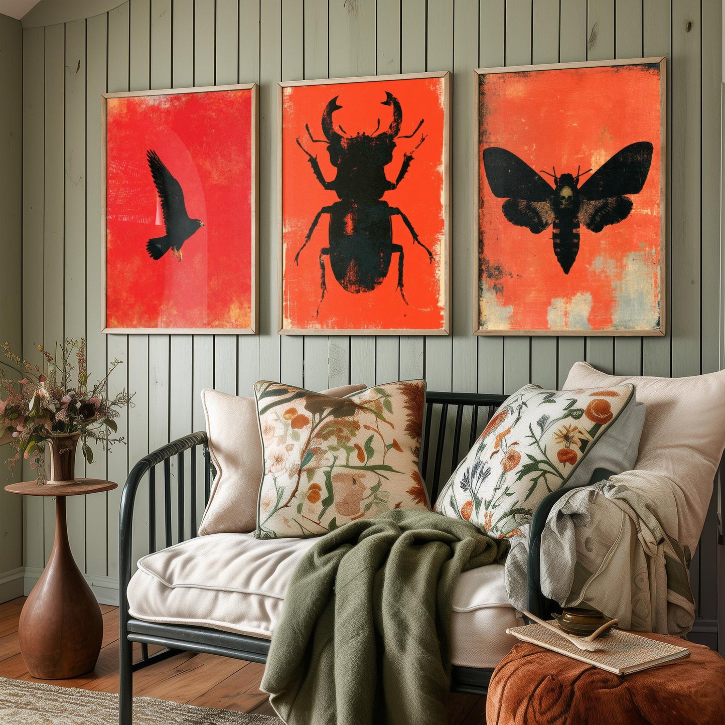 Red Felt Set of Three Art Prints - Peregrine Falcon, Stag Beetle, Death's Head Hawkmoth - Bold Red and Black Posters - Gothic Illustration