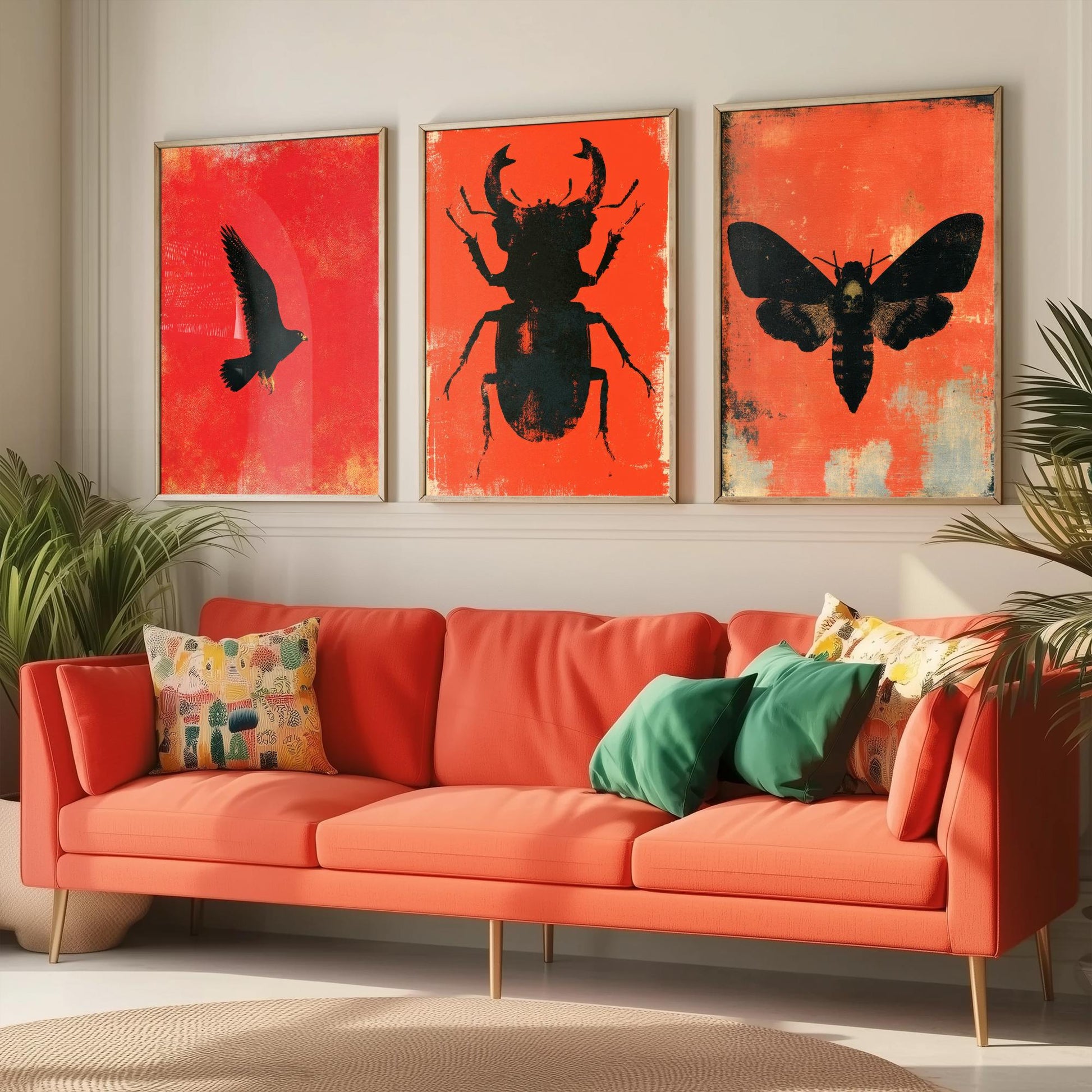 Red Felt Set of Three Art Prints - Peregrine Falcon, Stag Beetle, Death's Head Hawkmoth - Bold Red and Black Posters - Gothic Illustration