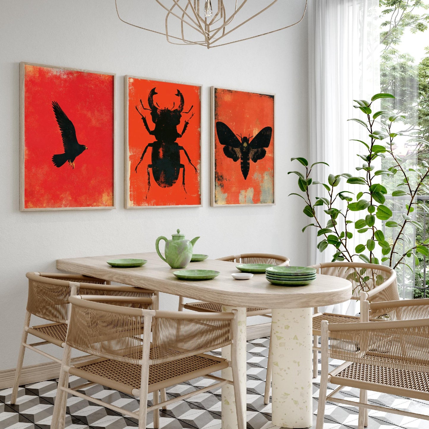 Red Felt Set of Three Art Prints - Peregrine Falcon, Stag Beetle, Death's Head Hawkmoth - Bold Red and Black Posters - Gothic Illustration