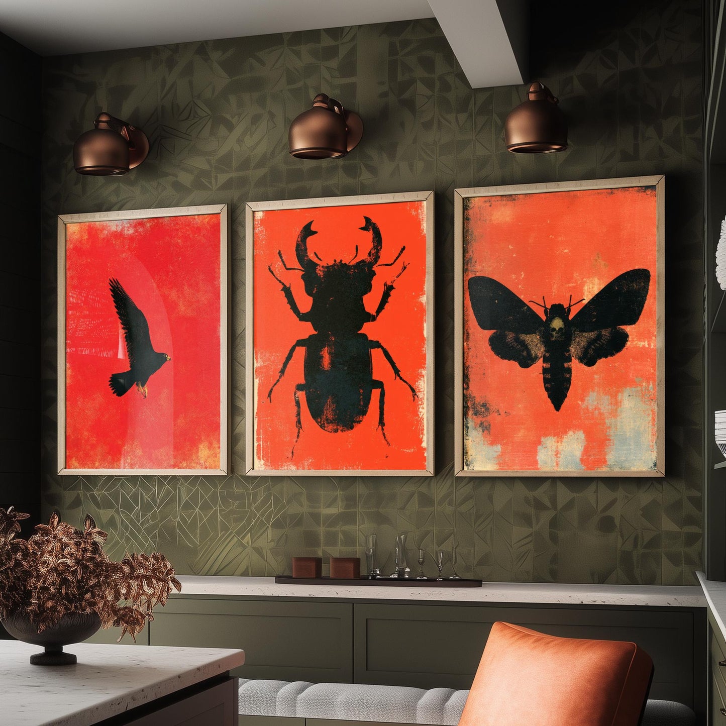 Red Felt Set of Three Art Prints - Peregrine Falcon, Stag Beetle, Death's Head Hawkmoth - Bold Red and Black Posters - Gothic Illustration