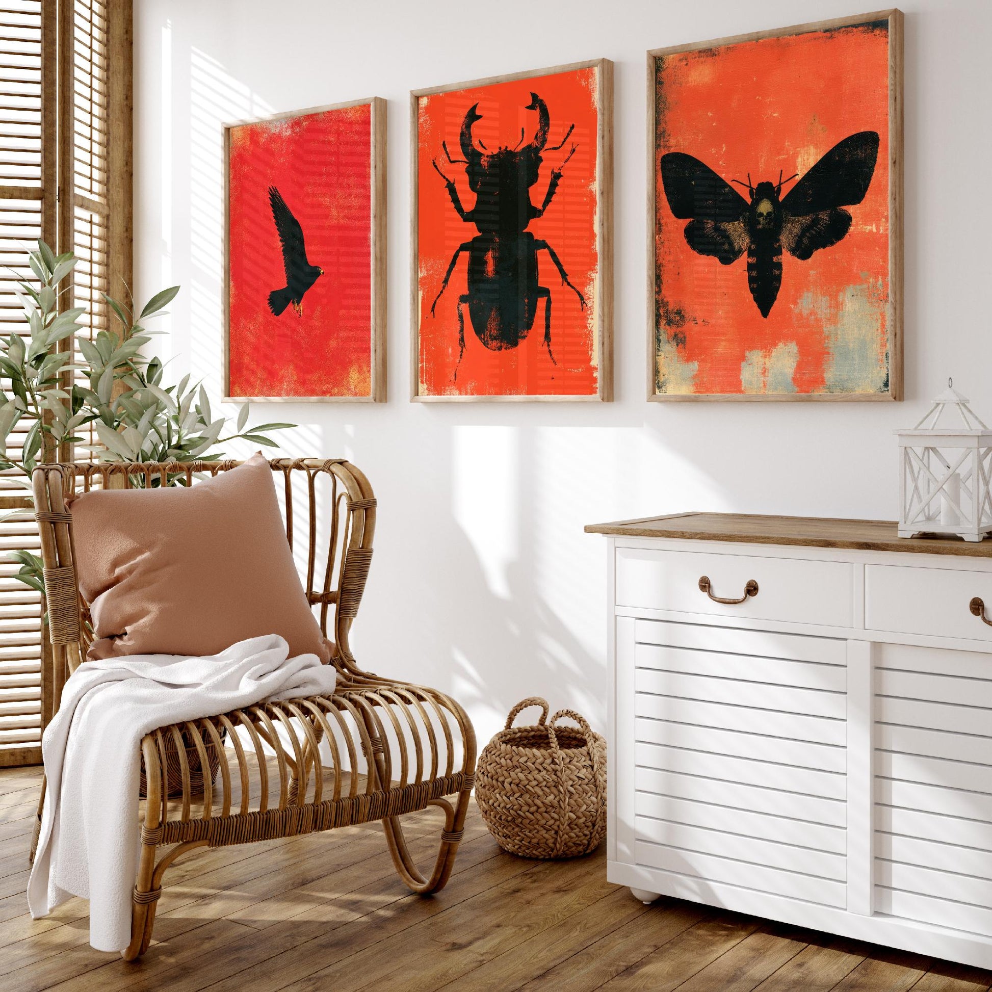 Red Felt Set of Three Art Prints - Peregrine Falcon, Stag Beetle, Death's Head Hawkmoth - Bold Red and Black Posters - Gothic Illustration