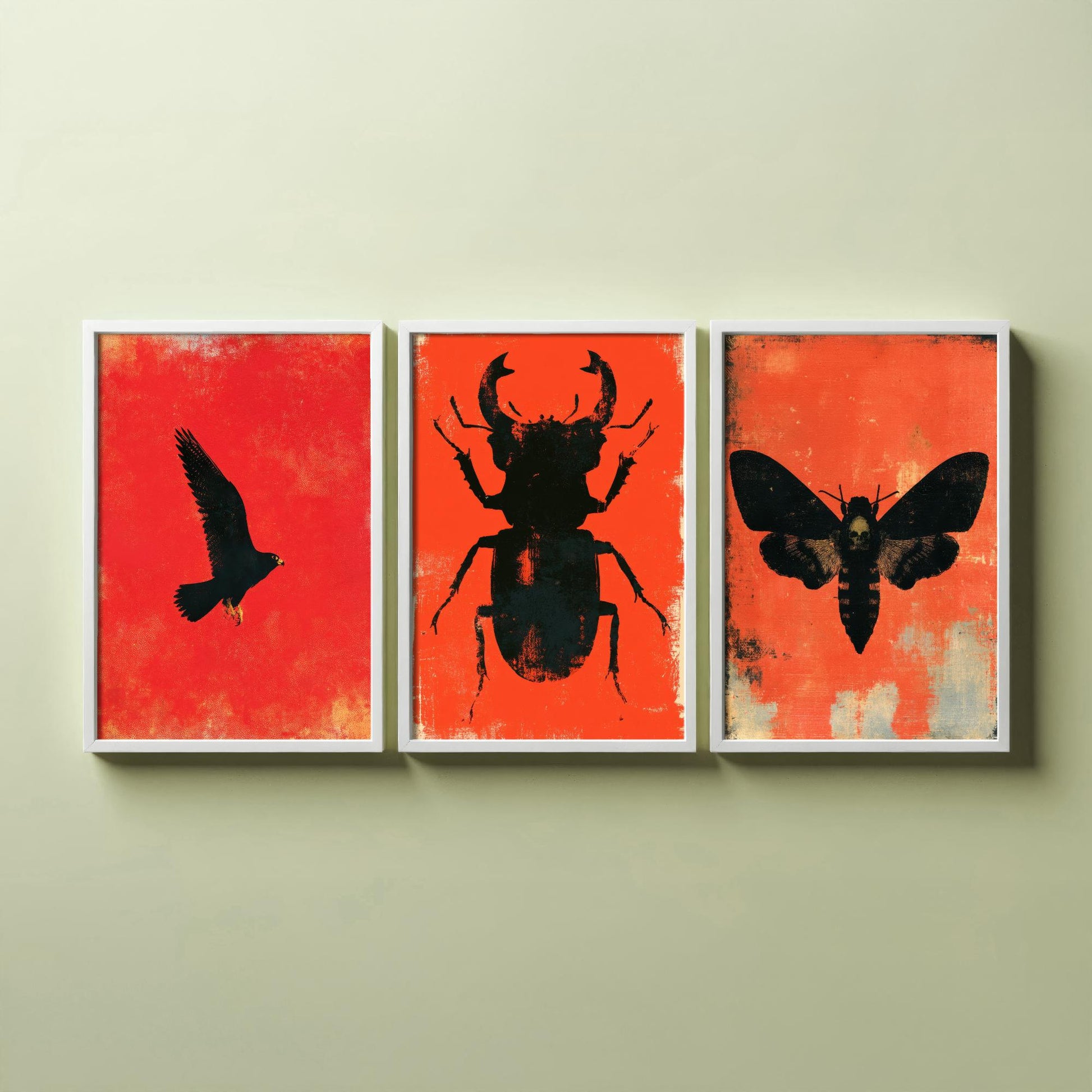Red Felt Set of Three Art Prints - Peregrine Falcon, Stag Beetle, Death's Head Hawkmoth - Bold Red and Black Posters - Gothic Illustration