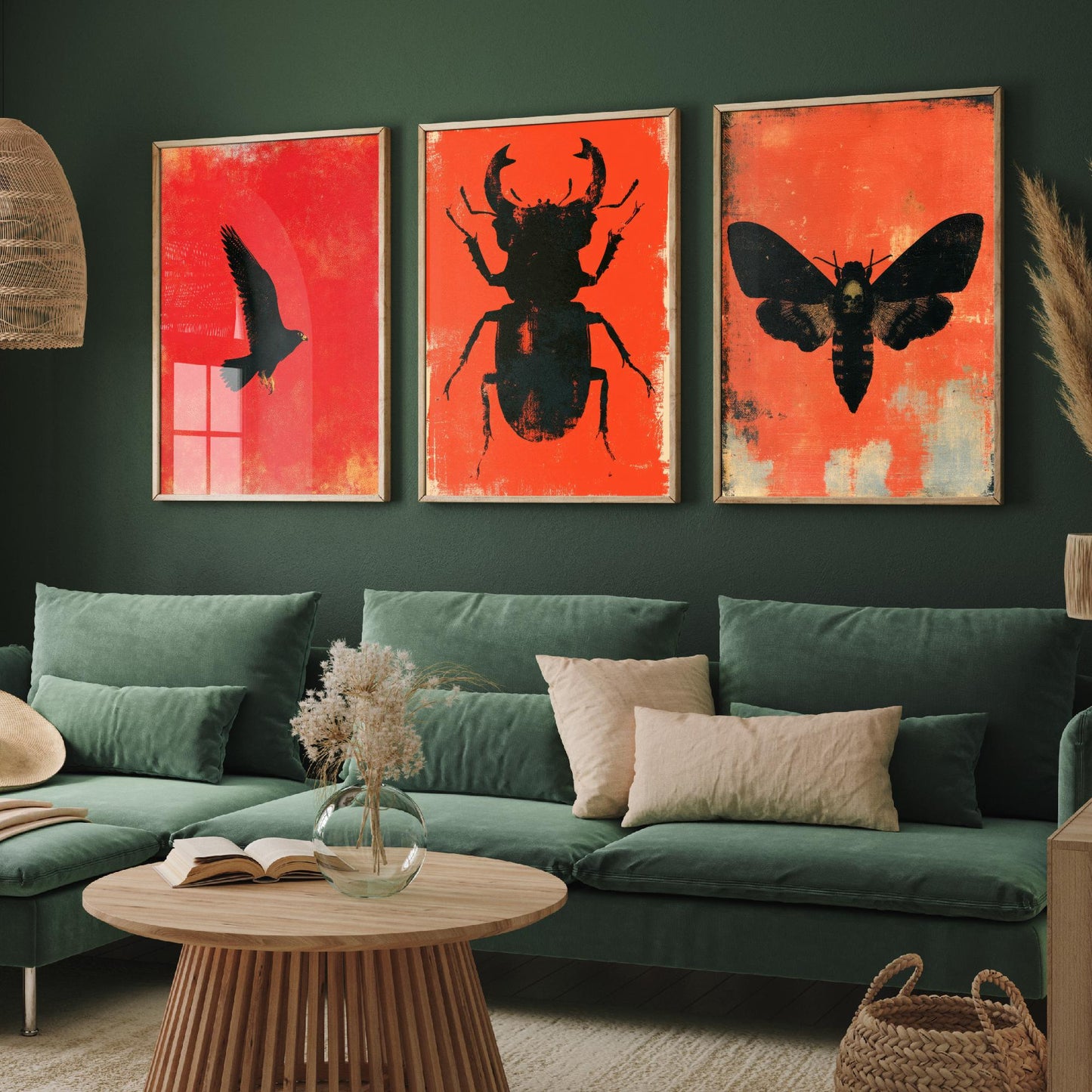 Red Felt Set of Three Art Prints - Peregrine Falcon, Stag Beetle, Death's Head Hawkmoth - Bold Red and Black Posters - Gothic Illustration
