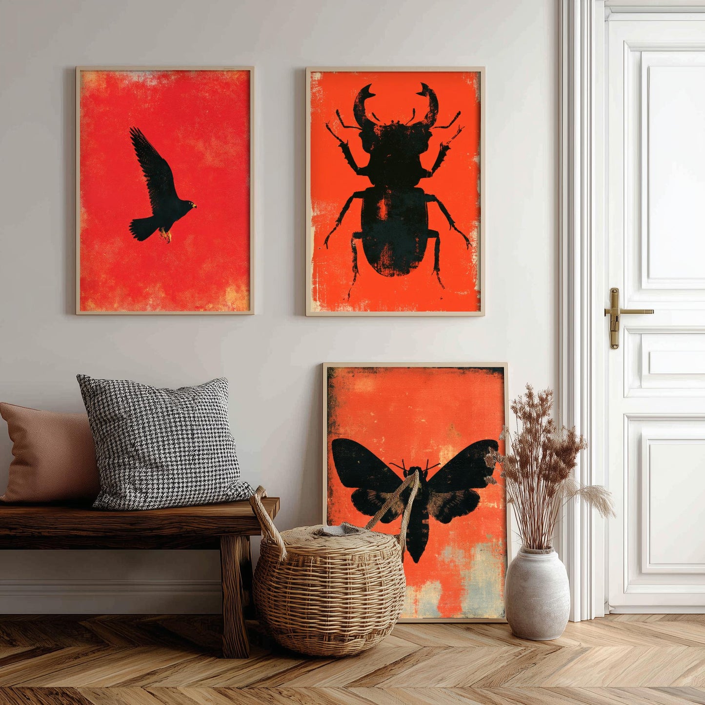 Red Felt Set of Three Art Prints - Peregrine Falcon, Stag Beetle, Death's Head Hawkmoth - Bold Red and Black Posters - Gothic Illustration