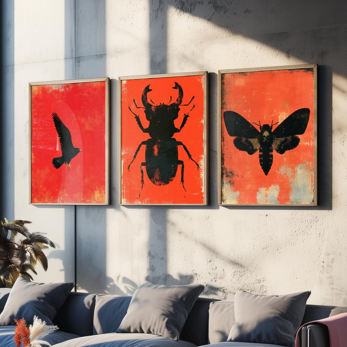 Red Felt Set of Three Art Prints - Peregrine Falcon, Stag Beetle, Death's Head Hawkmoth - Bold Red and Black Posters - Gothic Illustration