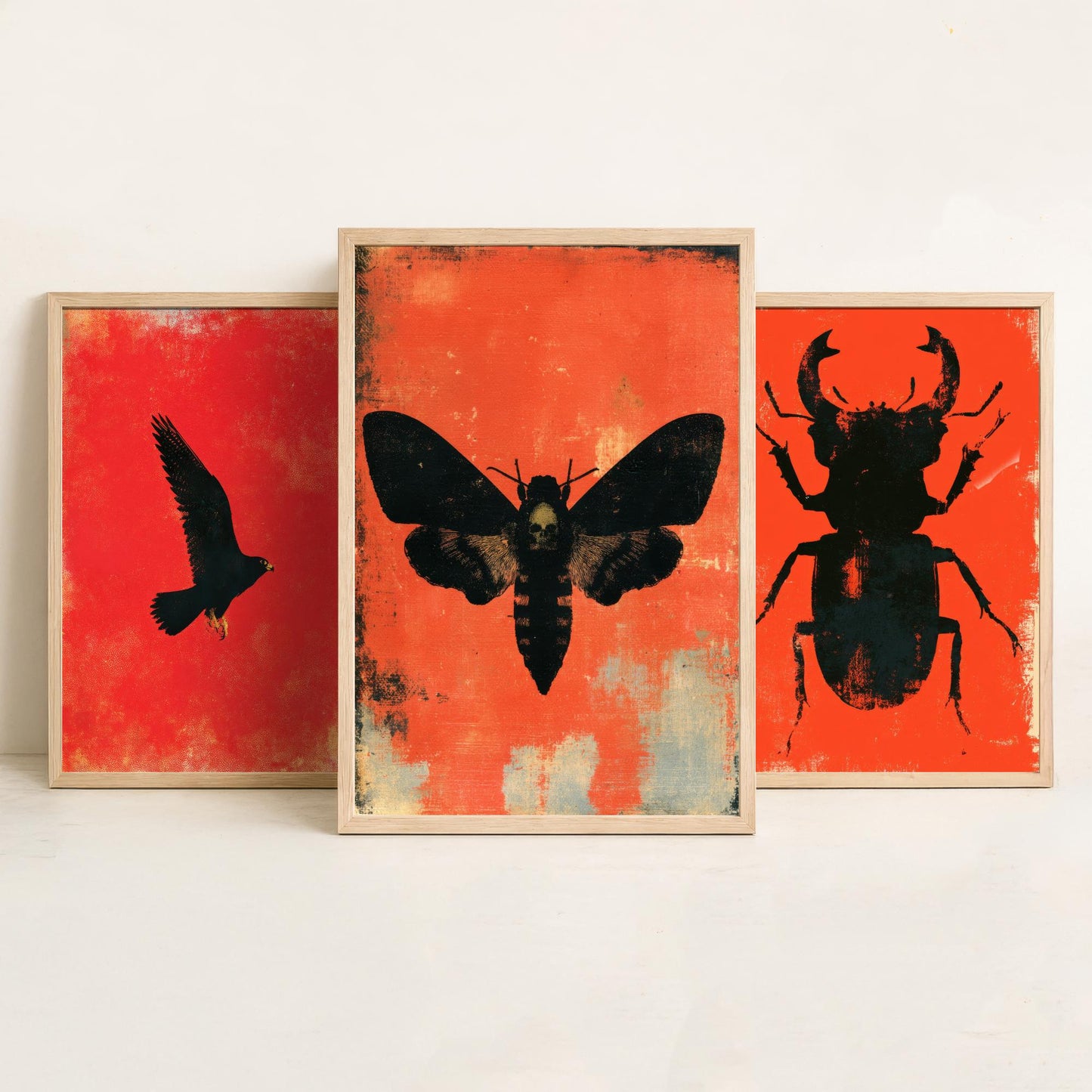 Red Felt Set of Three Art Prints - Peregrine Falcon, Stag Beetle, Death's Head Hawkmoth - Bold Red and Black Posters - Gothic Illustration