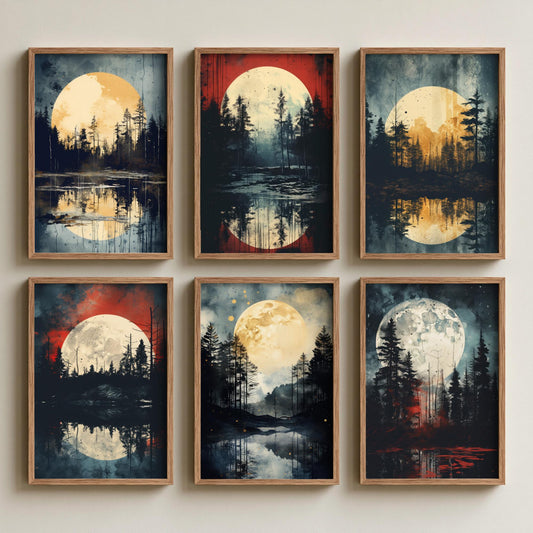 Set of Six Full Moon Forest Art Prints - 6 Dark Woodland Lake Posters - Golden Moon, Pine Trees, Rust Red Sky Painting