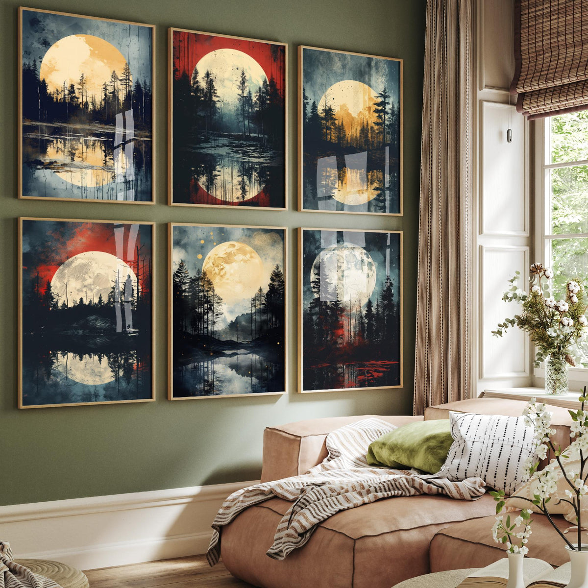 Set of Six Full Moon Forest Art Prints - 6 Dark Woodland Lake Posters - Golden Moon, Pine Trees, Rust Red Sky Painting