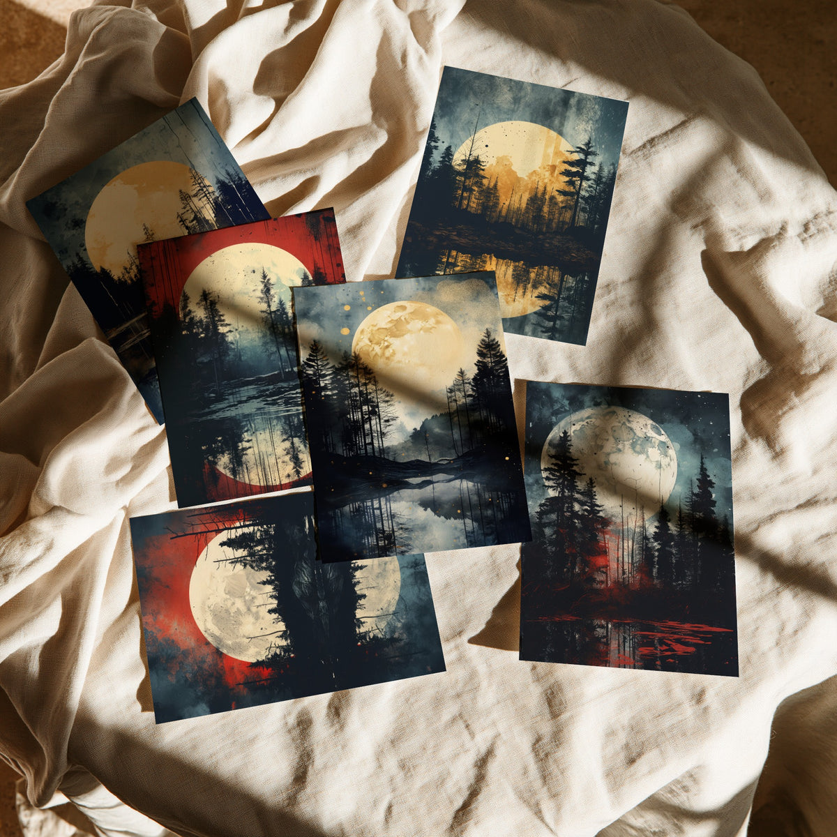 Set of Six Full Moon Forest Art Prints - 6 Dark Woodland Lake Posters - Golden Moon, Pine Trees, Rust Red Sky Painting