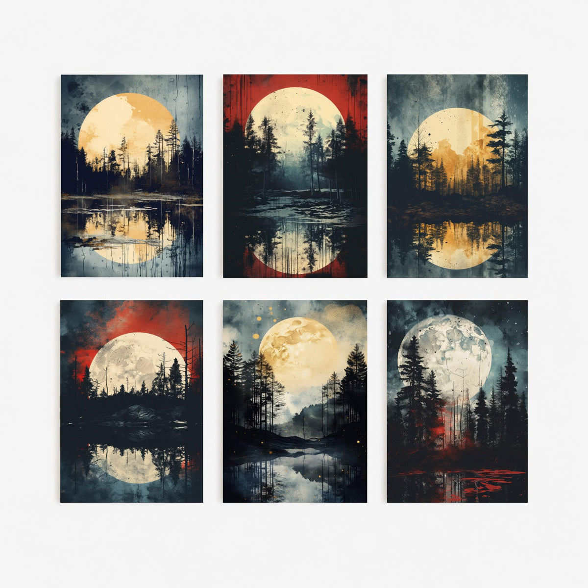 Set of Six Full Moon Forest Art Prints - 6 Dark Woodland Lake Posters - Golden Moon, Pine Trees, Rust Red Sky Painting