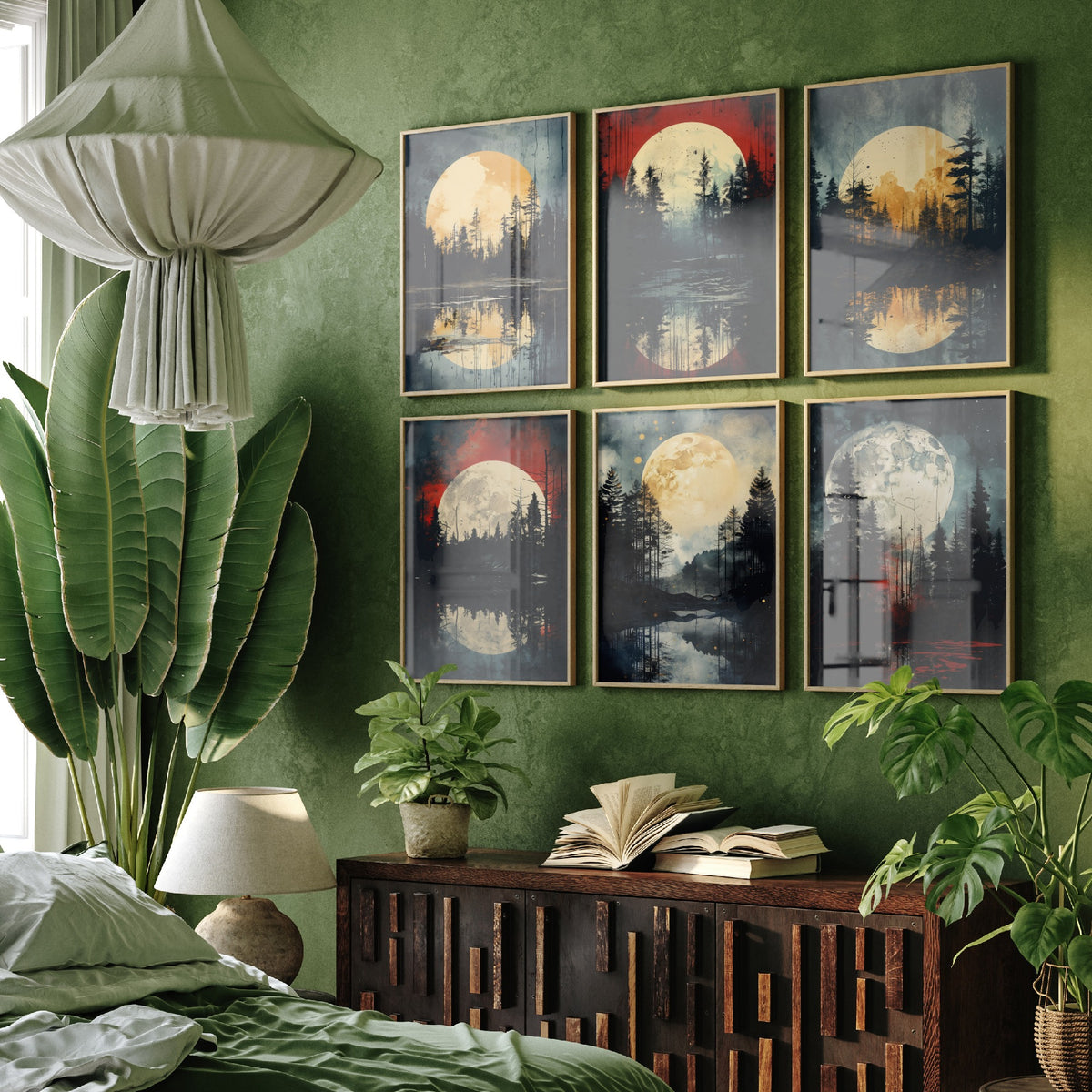 Set of Six Full Moon Forest Art Prints - 6 Dark Woodland Lake Posters - Golden Moon, Pine Trees, Rust Red Sky Painting