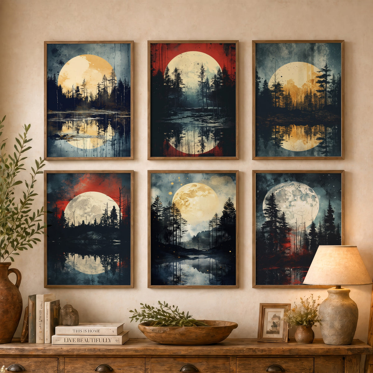 Set of Six Full Moon Forest Art Prints - 6 Dark Woodland Lake Posters - Golden Moon, Pine Trees, Rust Red Sky Painting