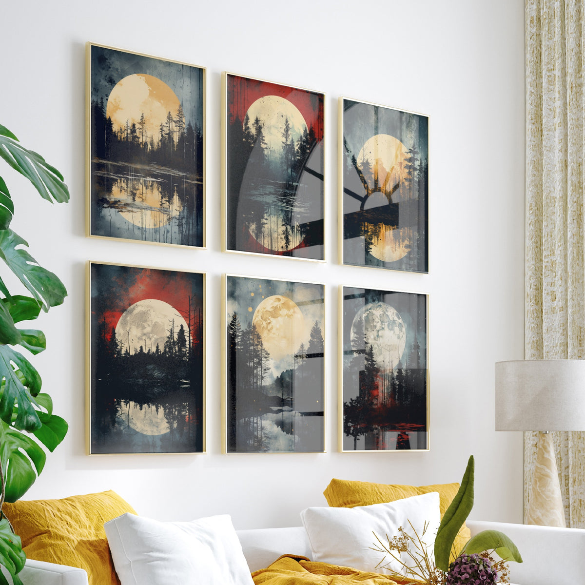 Set of Six Full Moon Forest Art Prints - 6 Dark Woodland Lake Posters - Golden Moon, Pine Trees, Rust Red Sky Painting
