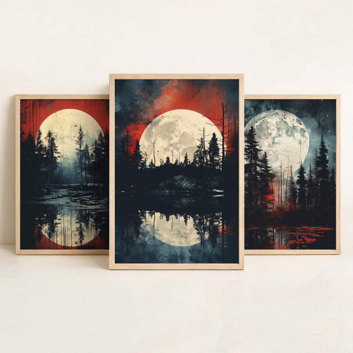 Red Moon over Water Set of Three Art Prints - Full Moons, Pine Forests and Crimson Skies - Moody Night Poster Illustration