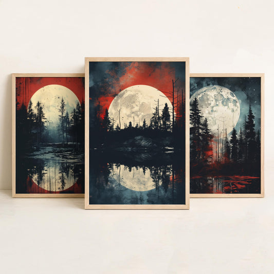 Red Moon over Water Set of Three Art Prints - Full Moons, Pine Forests and Crimson Skies - Moody Night Poster Illustration