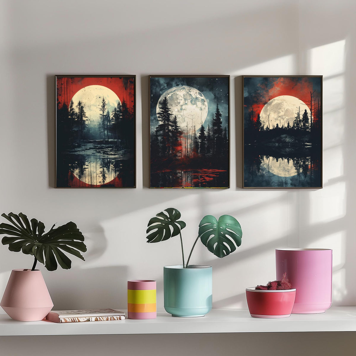Red Moon over Water Set of Three Art Prints - Full Moons, Pine Forests and Crimson Skies - Moody Night Poster Illustration