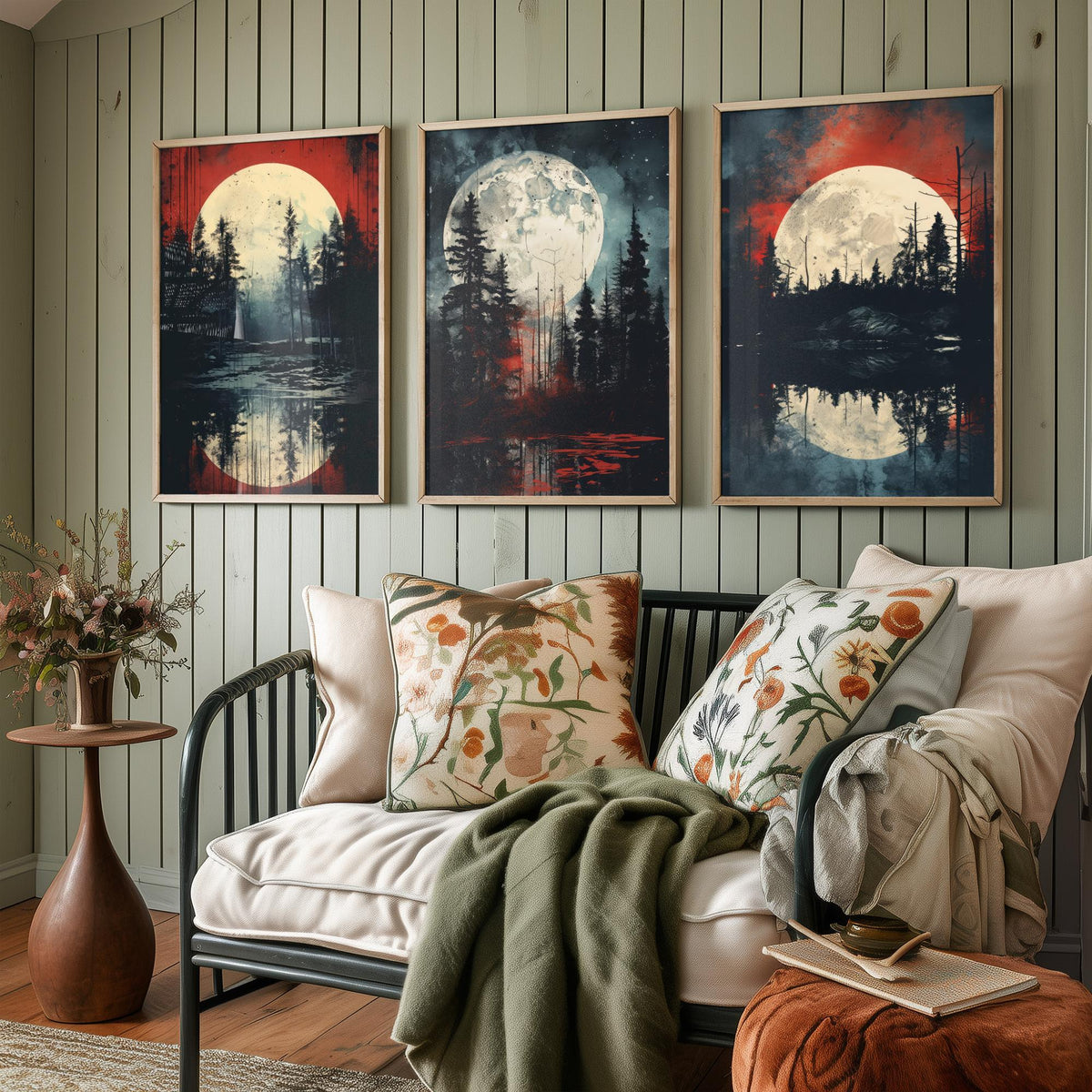 Red Moon over Water Set of Three Art Prints - Full Moons, Pine Forests and Crimson Skies - Moody Night Poster Illustration